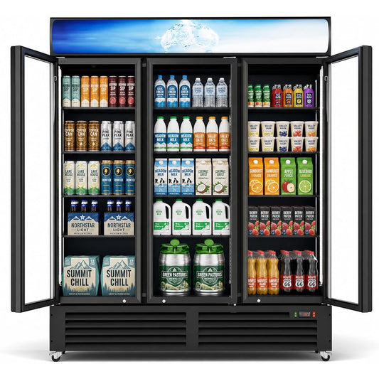 Ecojoy 56 Cu.Ft Merchandiser Cooler, 3 Doors Commercial Display Fridge Beverage Refrigerator with Adjustable Shelves, LED Lighting，32-50°F, Lockable Doors & Braked Casters for Store, Shop, Office