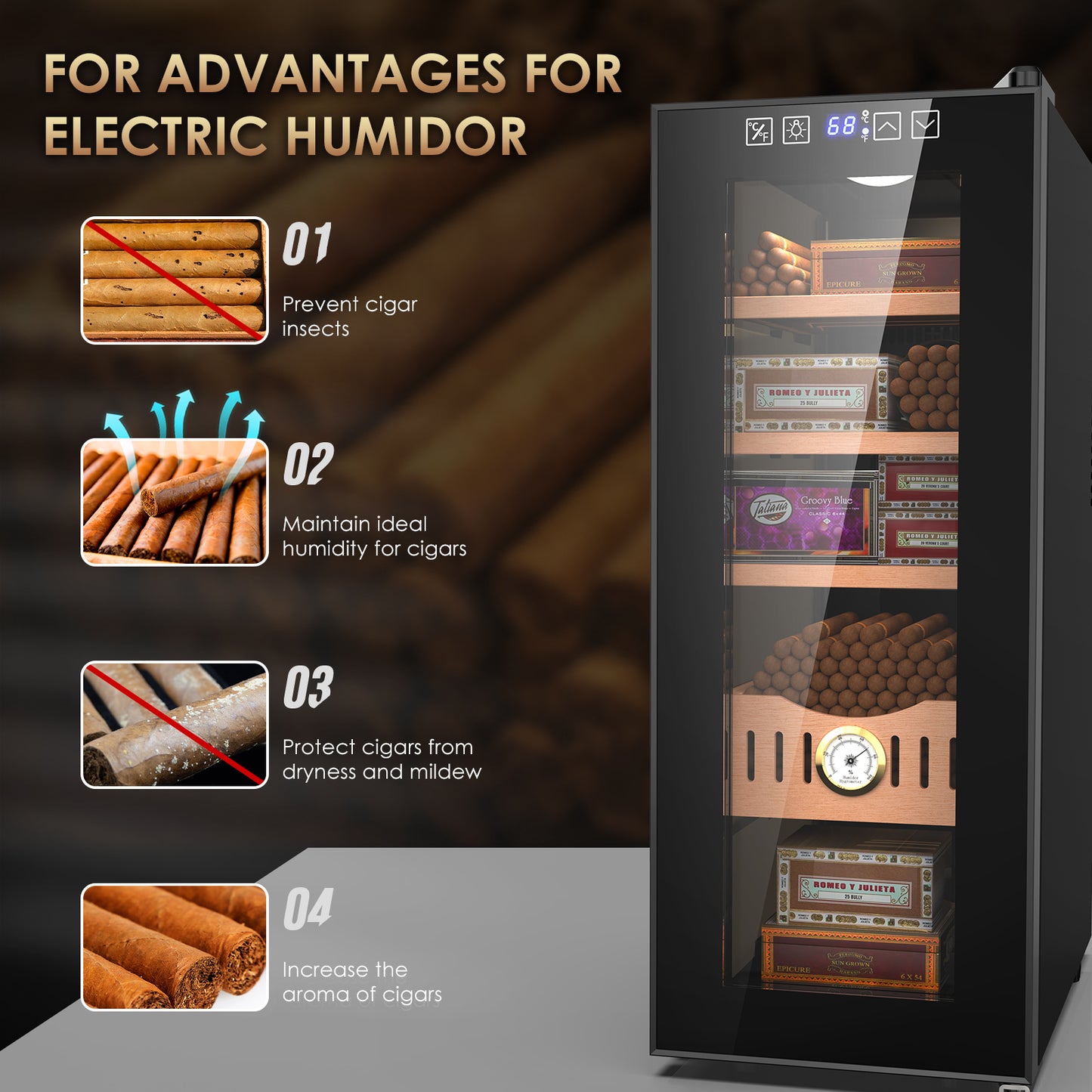 Electric Cigar Humidor, 35L Cigar Humidors Cabinet for 250 Counts with Hygrometer, Heating & Cooling Control, Modern Spanish Cedar Lined Cigar Box