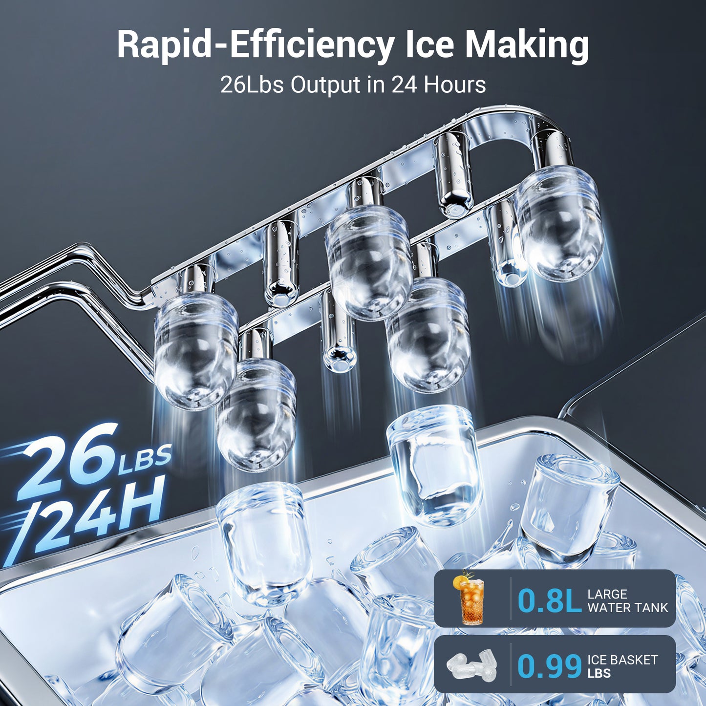 Ecojoy Countertop Ice Maker with Handle,Portable Ice Machine with Basket and Scoop, 8 Bullet Ice In 6 Mins, 26Lbs/24H, Self-Cleaning