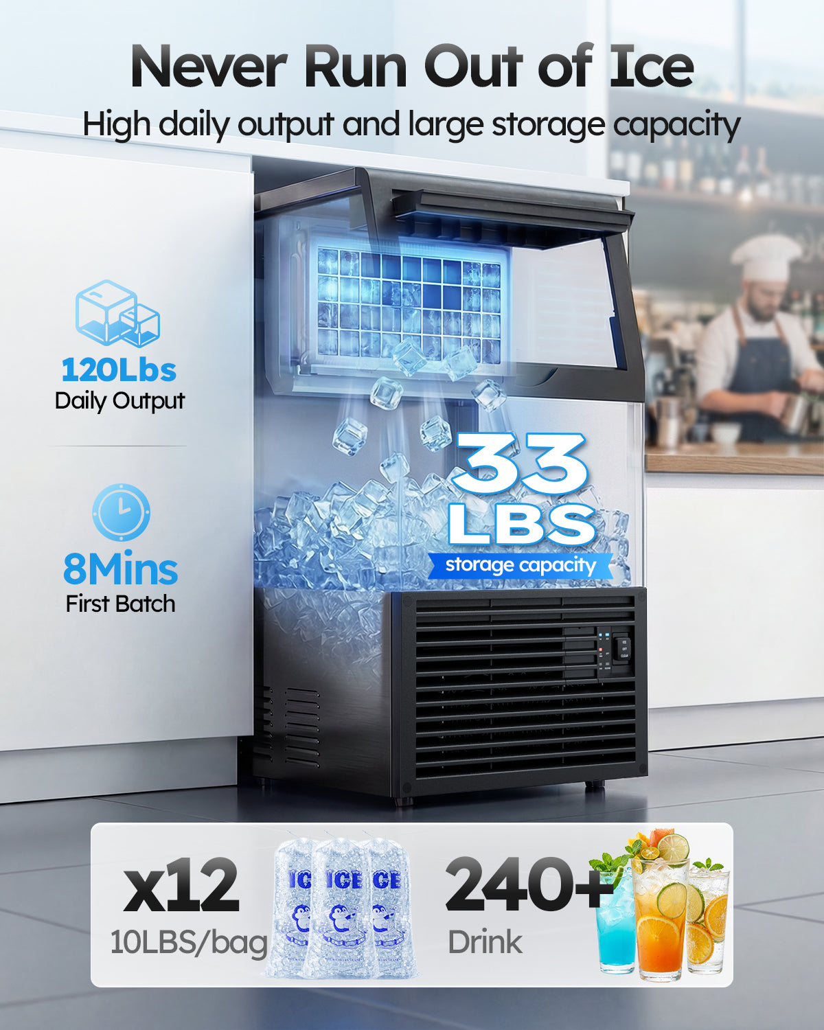 Ecojoy Commercial Ice Maker Machine, 100lbs/24H Stainless Steel Under Counter ice Machine with 33lbs Ice Storage Capacity, Freestanding Ice Maker
