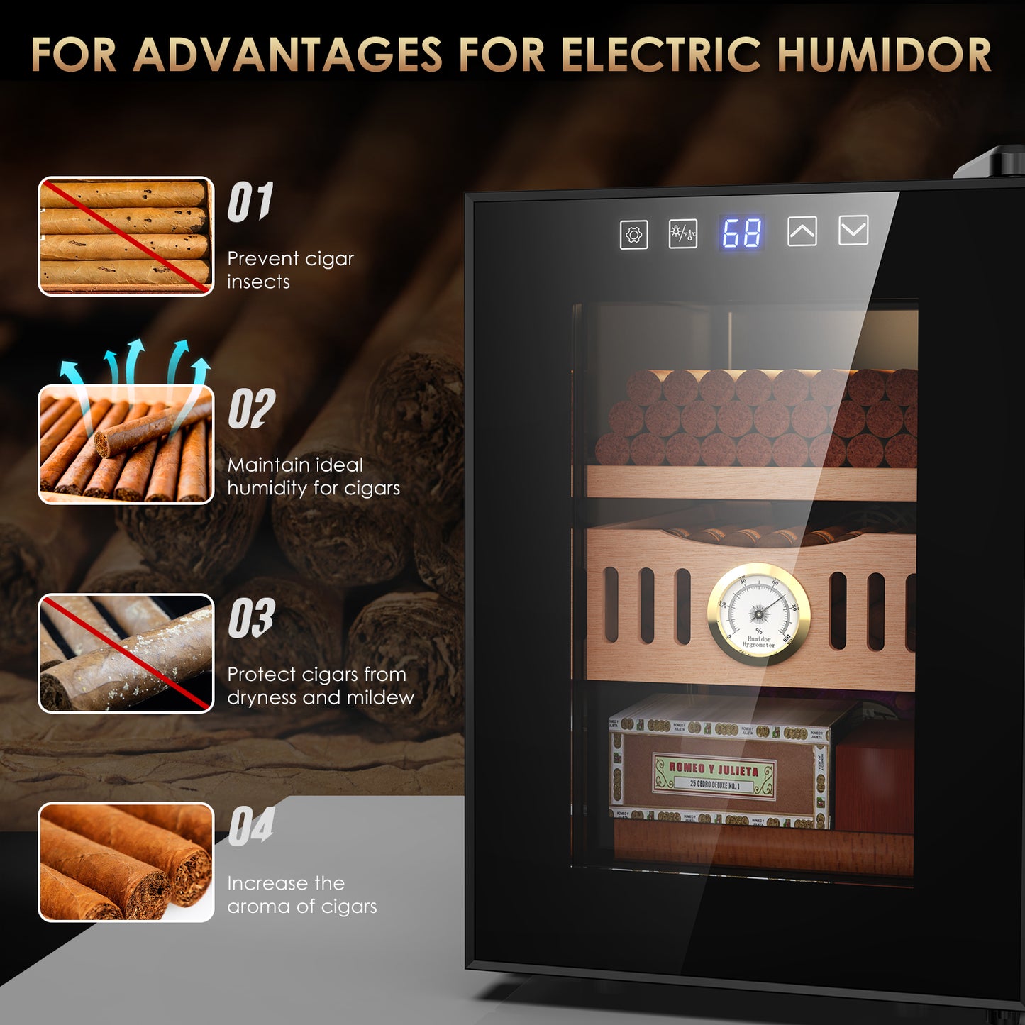 Electric Cigar Humidor, 18L Cigar Humidors Cabinet for 100 Counts with Hygrometer, Heating & Cooling Control, Modern Spanish Cedar Lined Cigar Box