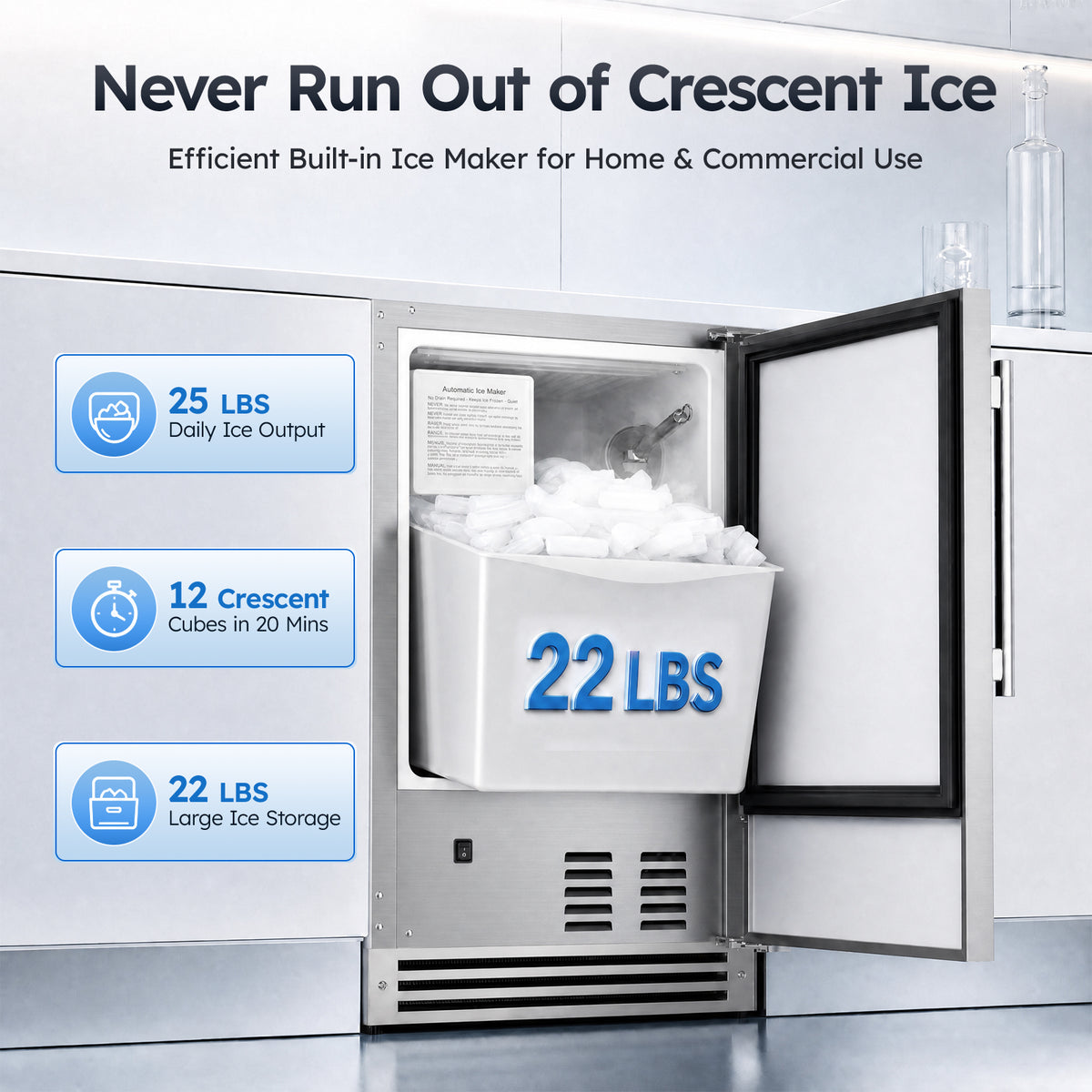 Ecojoy Under Counter Ice Maker Machine, 25 Lbs/24H Crescent Ice Machine No Drain Required, 22 Lbs Ice Storage, Built-in or Freestanding Ice Machine, Full Stainless Steel Ice Maker for Home Kitchen