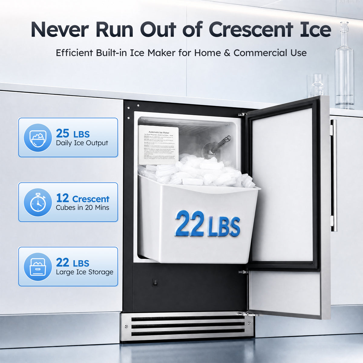 Ecojoy Under Counter Ice Maker, Crescent Ice Maker Machine Commercial, 25Lbs/24H with 22lbs Storage Bin, No Drain Required, Built-in or Freestanding Ice Machine for Home Office Kitchen Bar