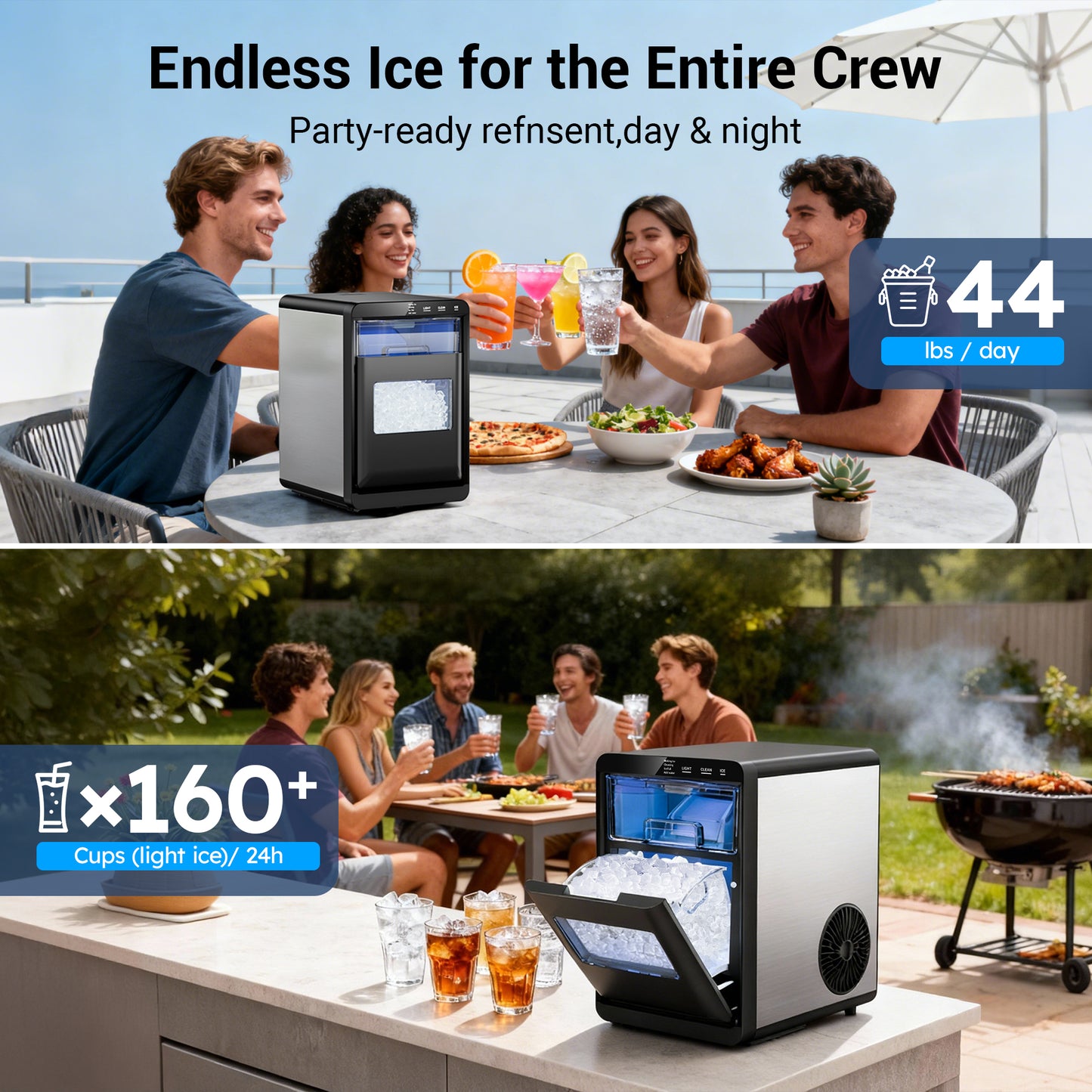 Snowyermine Nugget Ice Maker Countertop, 44lbs per Day Chewable Pebble Nugget Ice Machine with Touch Screen for Home, Kitchen, Office, Stainless Steel, Black