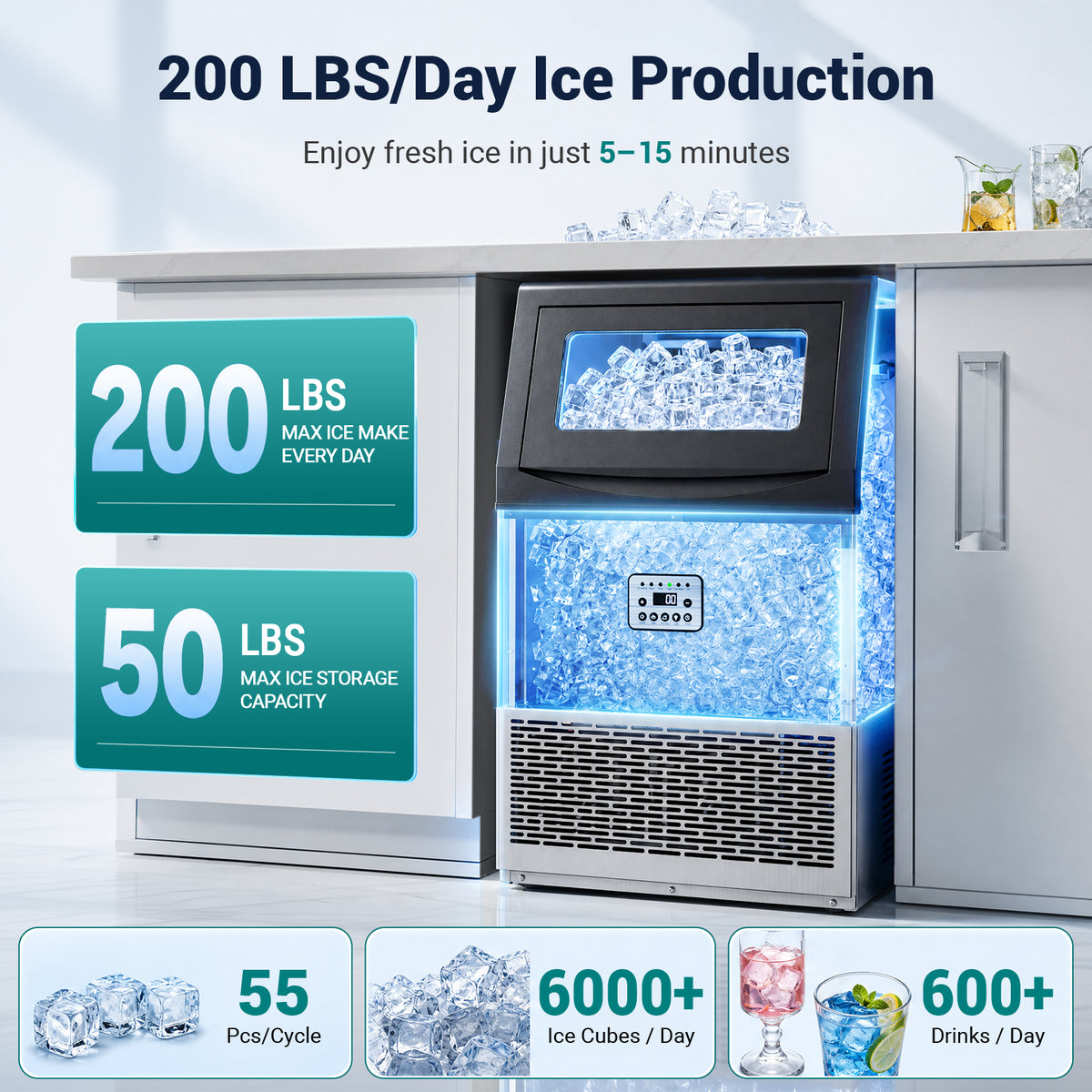 Ecojoy Commercial Ice Maker Machine 200Lbs/24H, 50Lbs Storage Bin, Freestanding & Under Counter Ice Maker | 55 Ice Cubes in 5-15 min | Thicknesses Adjustable | Commercial Ice Machine, Stainless Steel