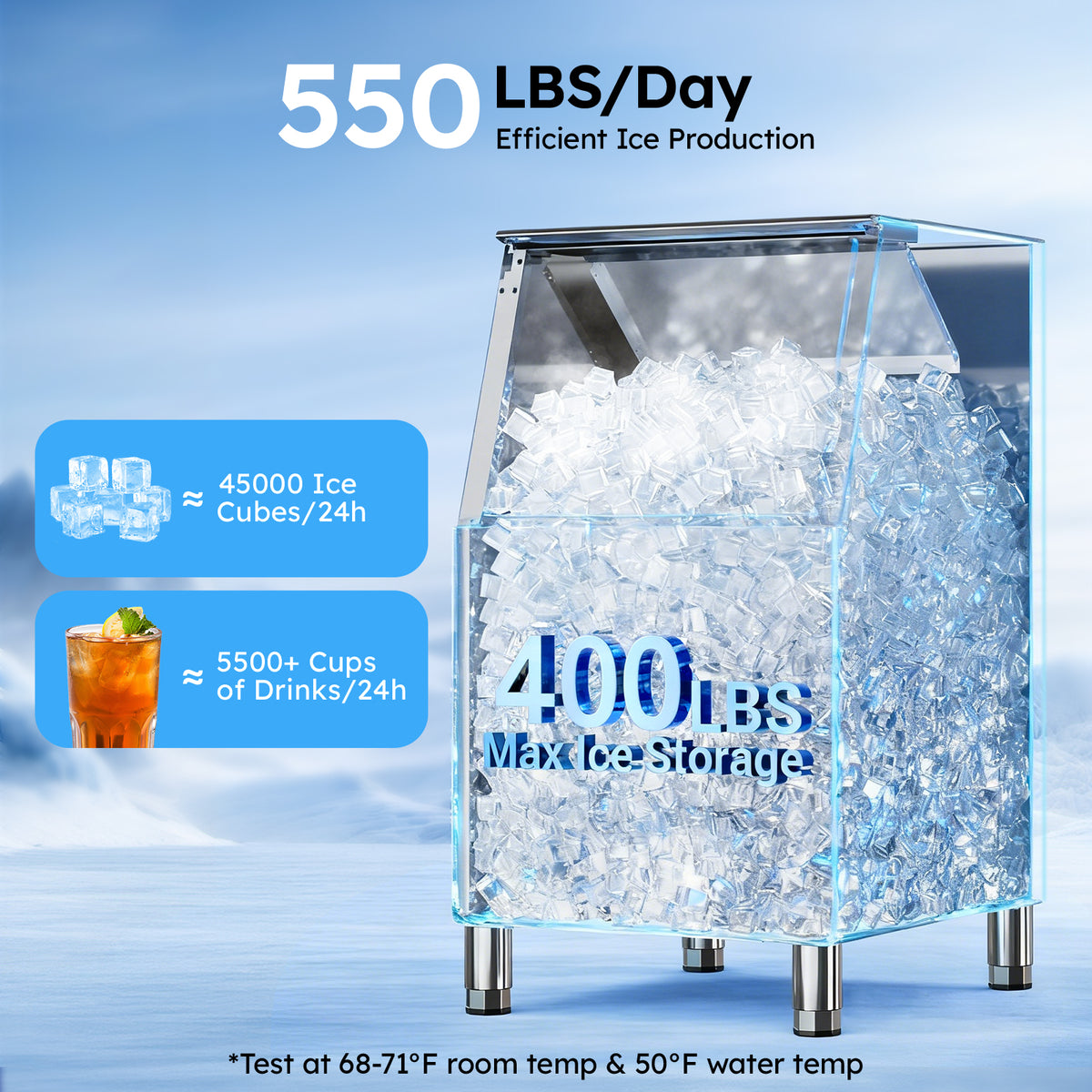 Ecojoy 550 lbs/24H Commercial Ice Maker Machine with 400 lbs Storage Bin, Self-Cleaning Mode, Built-In Water Filter, 30-Level Ice Thickness Control for Restaurant, Bar, Hotel and Industrial Use