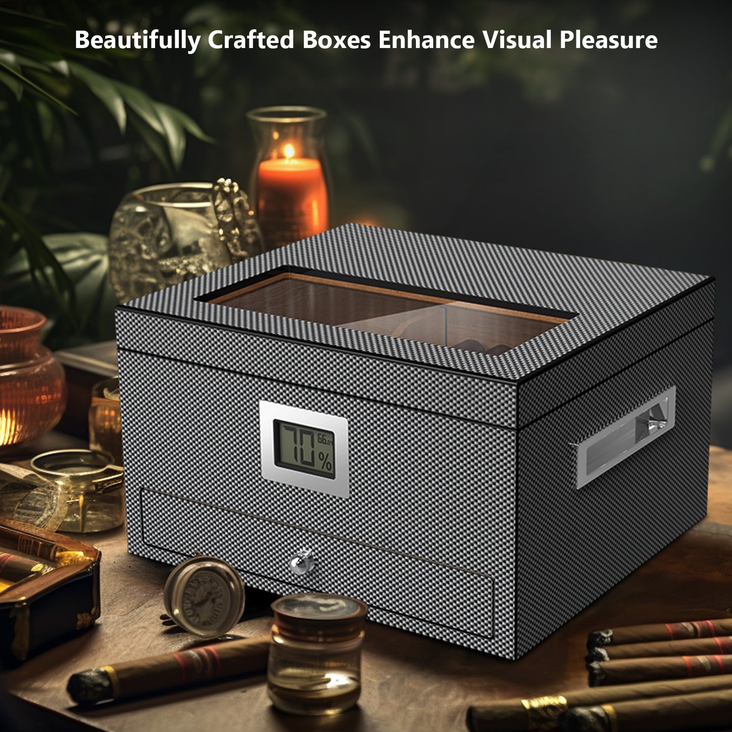 Cigar Humidor Case Box with Electric Hygrometer Humidifier Divider and Spanish Cedar Wood Shelf for 25-50 Counts, Luxuary Glass Cigar Case for Men, Gray