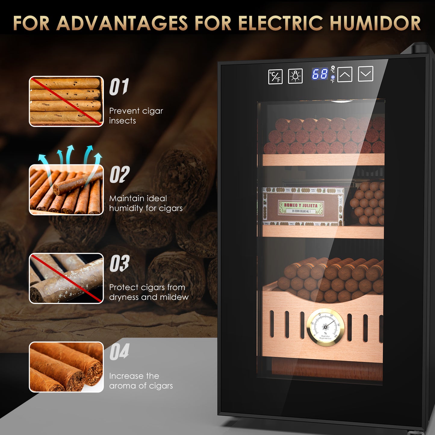 Electric Cigar Humidor, 25L Cigar Humidors Cabinet for 200 Counts with Hygrometer, Heating & Cooling Control, Modern Spanish Cedar Lined Cigar Box