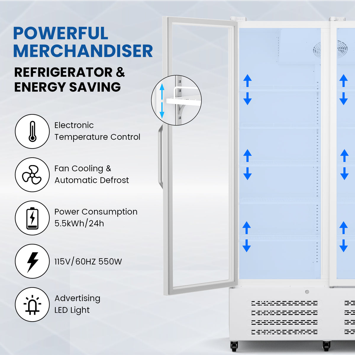 Ecojoy 56 Cu. Ft. Commercial Beverage Refrigerator, Triple Glass Door Display Cooler with 15 adjustable shelves, Door Lock, For Shop Restaurant bar, Upright Merchandiser, Digital Temperature Control