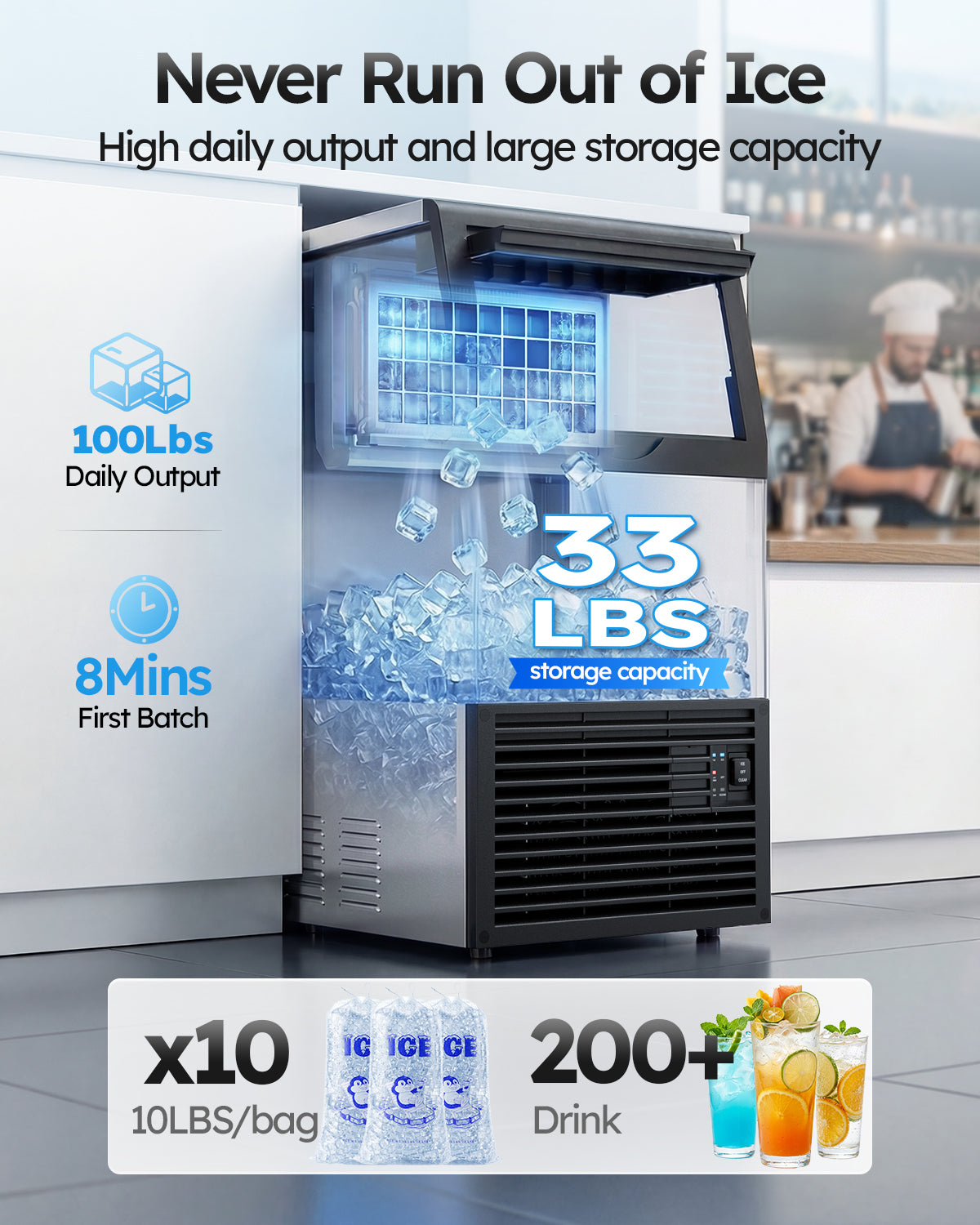 Ecojoy Commercial Ice Maker Machine, 100 lbs/24h with 33 lbs Storage, Built-in/Freestanding/Under Counter, 36 Cubes per Cycle, Stainless Steel Ice Maker with LED Display & Self-Cleaning for Home
