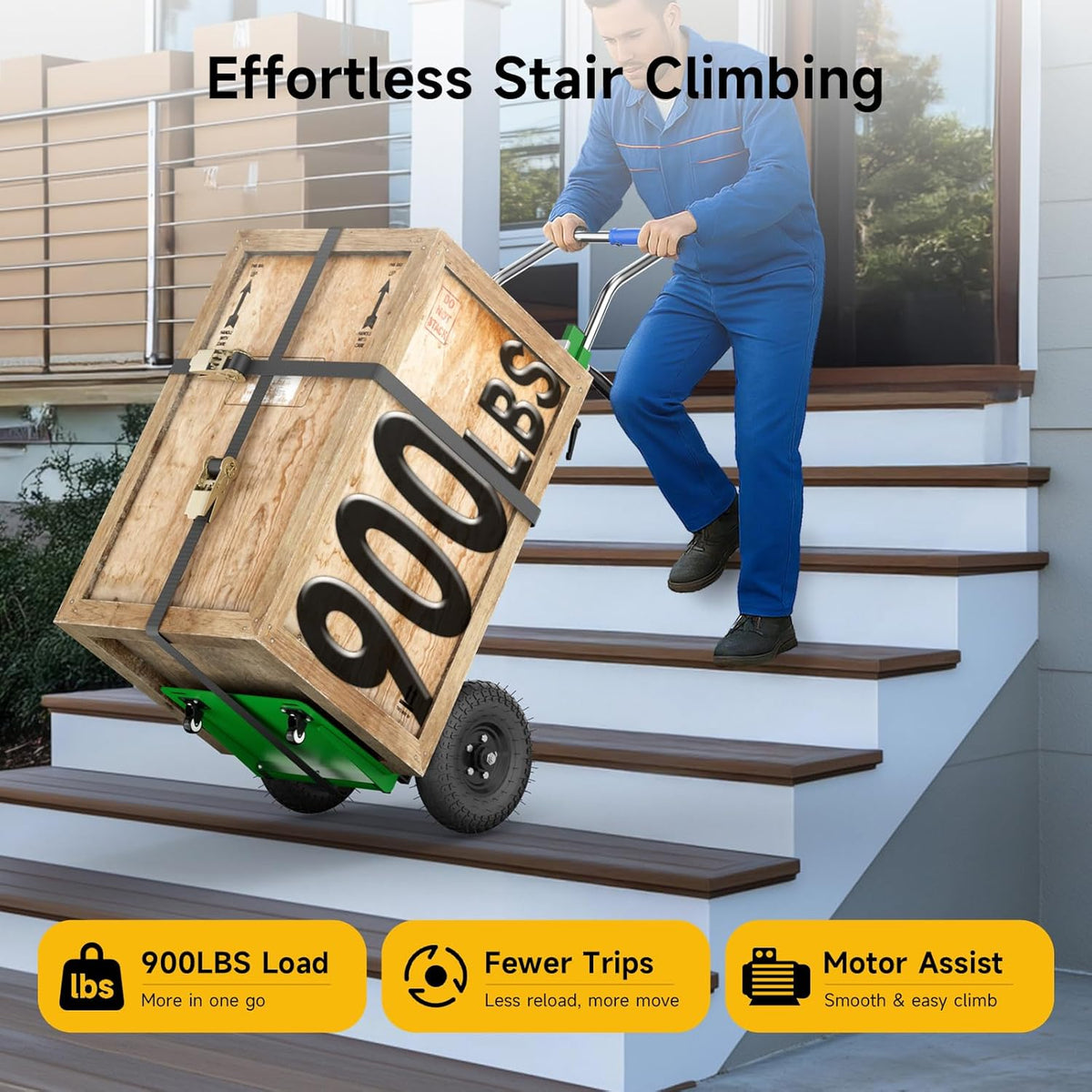 Ecojoy Electric Stair Climbing Dolly, Foldable Hand Truck with 1200W Motor | 4m Safety Rope, Large Load Capacity, Foldable Design, Powered Stair Climbing, Furniture & Warehouse Use, Green