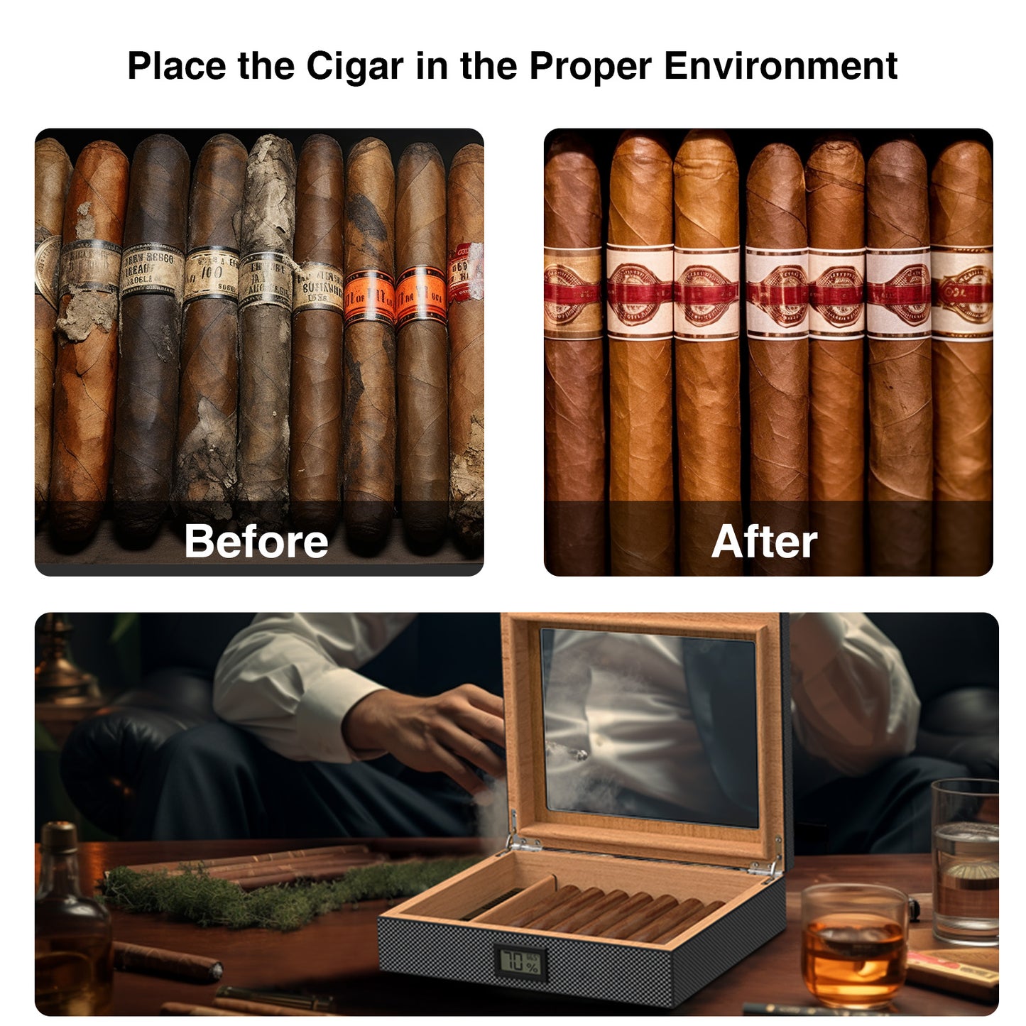 Cigar Humidor Case Box with Electric Hygrometer Humidifier Divider and Spanish Cedar Wood Shelf for 20-30 Counts, Great Gifts for Men, Gray