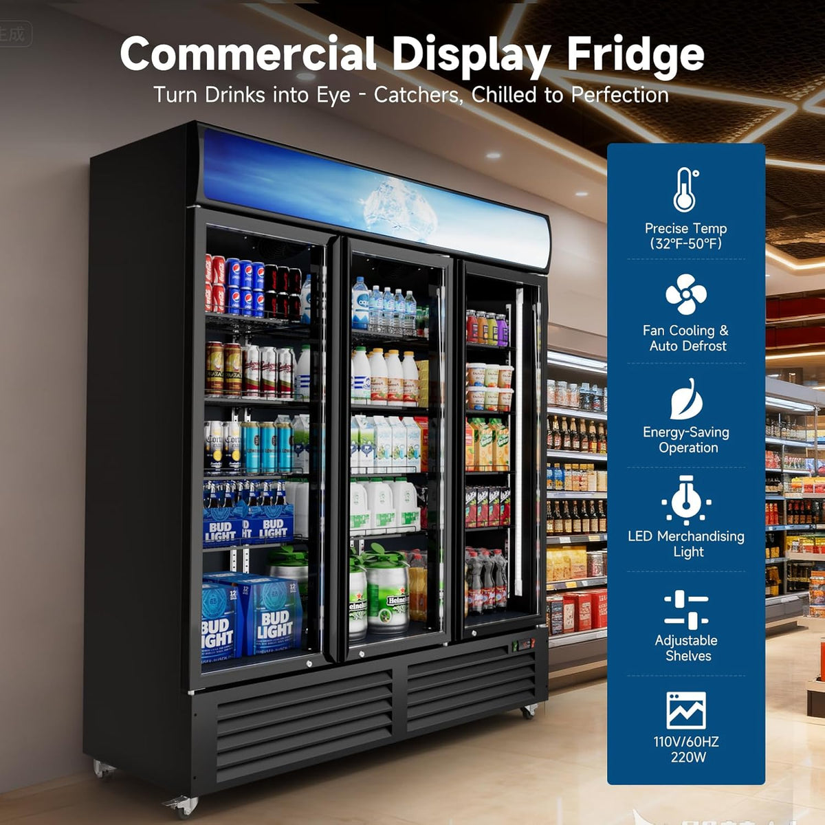 Ecojoy 56 Cu.Ft Merchandiser Cooler, 3 Doors Commercial Display Fridge Beverage Refrigerator with Adjustable Shelves, LED Lighting，32-50°F, Lockable Doors & Braked Casters for Store, Shop, Office