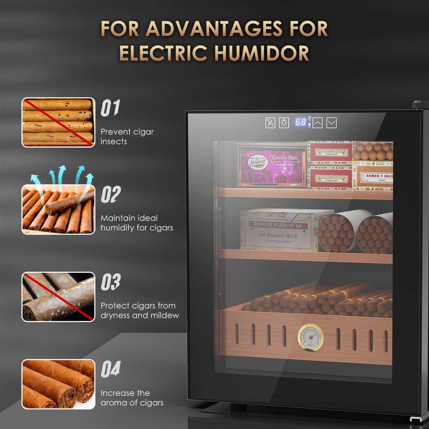 Electric Cigar Humidor, 50L Cigar Humidors Cabinet for 300 Counts with Hygrometer, Heating & Cooling Control, Modern Spanish Cedar Lined Cigar Box