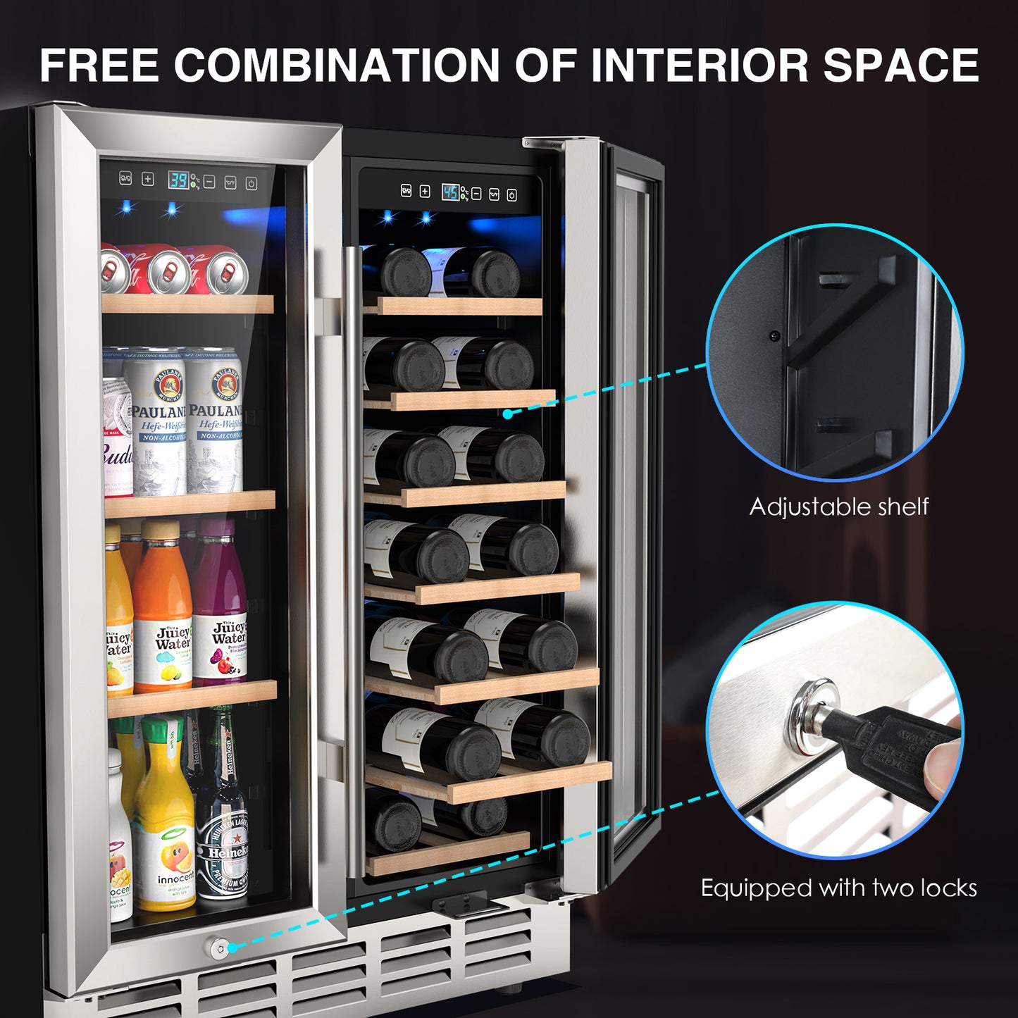 Dual Zone Wine Cooler Beverage Refrigerator, 24 inch Wine Coolers Fridge with Safety Locks and Glass Door for 20 Bottles and 57 Cans