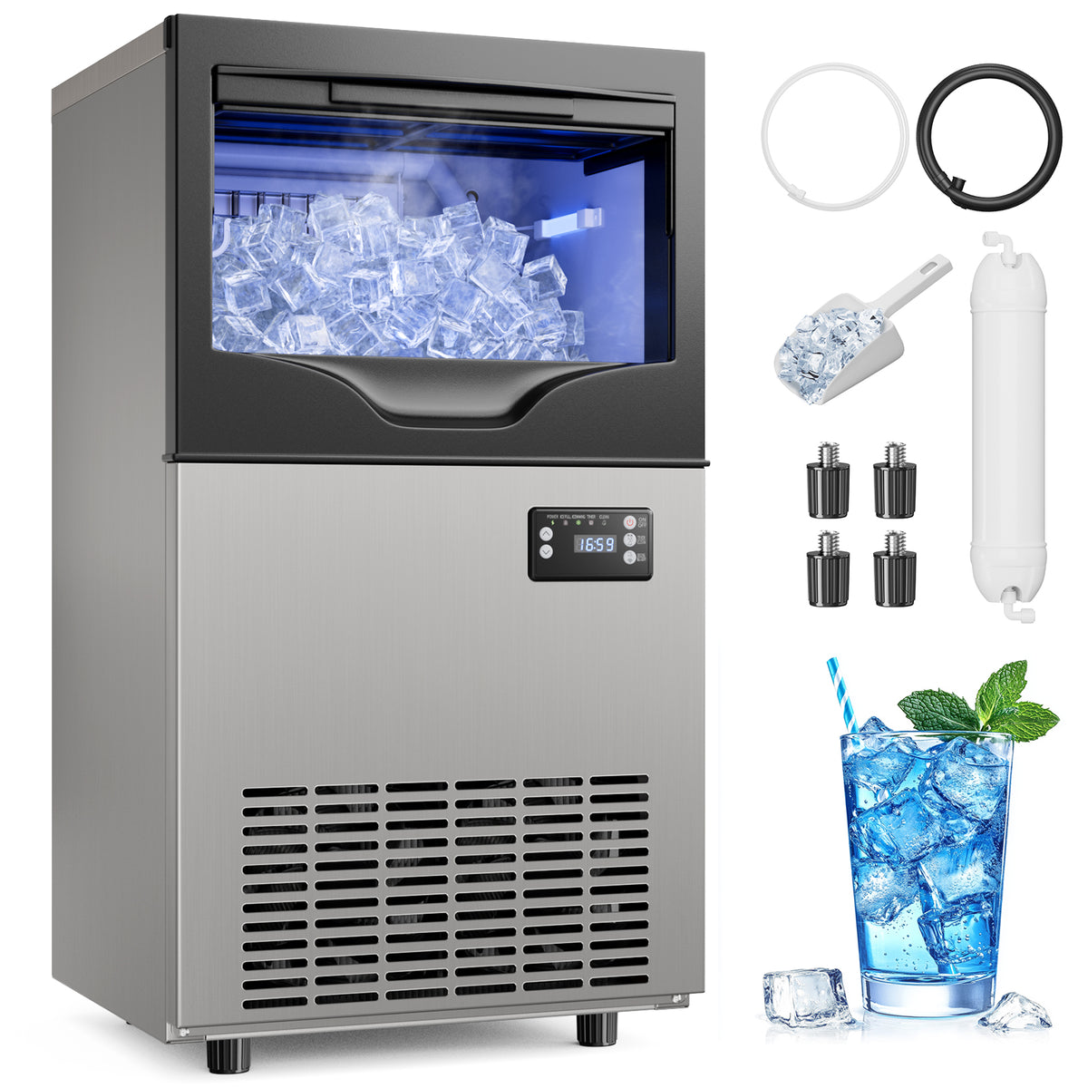 Ecojoy Commercial Ice Maker, counter ice machines 100lbs Maximum Output, Cubed Ice, Silver with 33 lbs Storage Bin