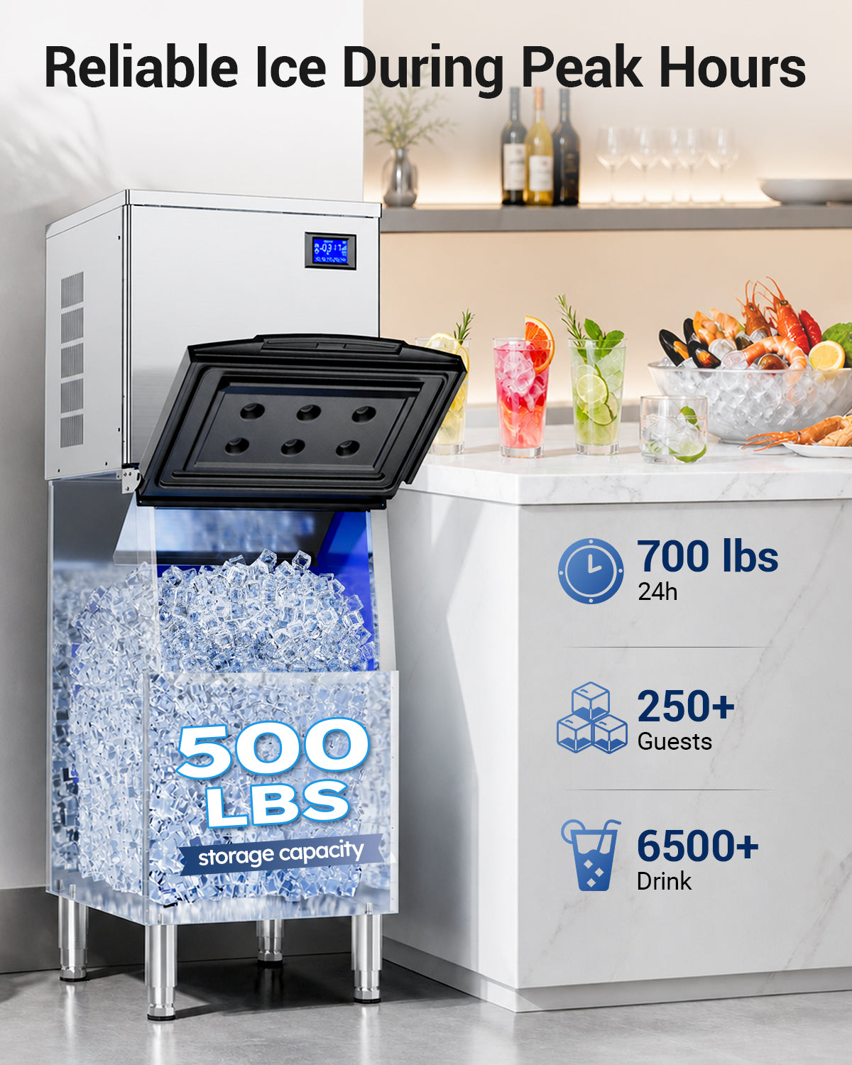 Ecojoy 700 Lbs/24H Commercial Ice Maker Machine with 500 Lbs Storage Bin, Air-Cooled Ice Maker Producing 156 Cubes Every 8–15 Minutes, Adjustable Ice Thickness, ETL Approved, Self-Cleaning for Bar, C