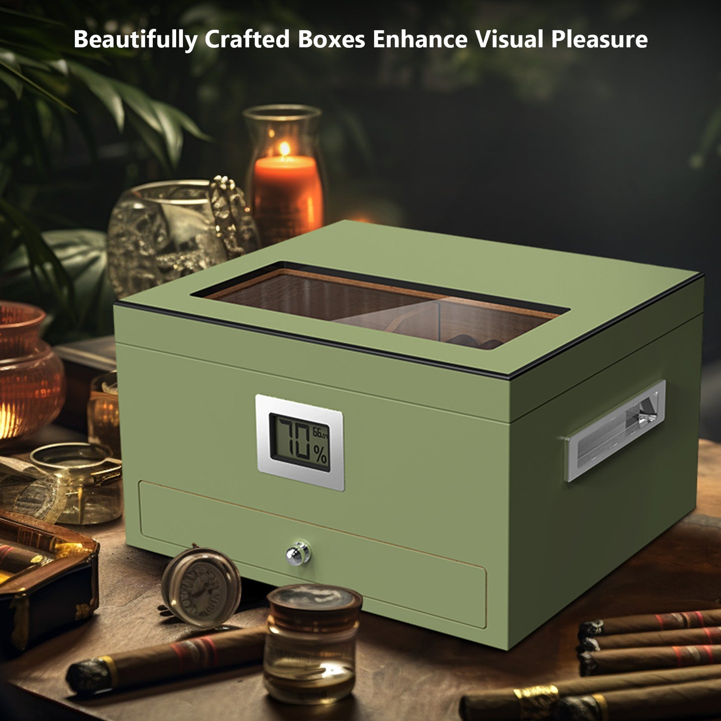 Cigar Humidor Case Box with Electric Hygrometer Humidifier Divider and Spanish Cedar Wood Shelf for 25-50 Counts, Luxuary Glass Cigar Case for Men, Green