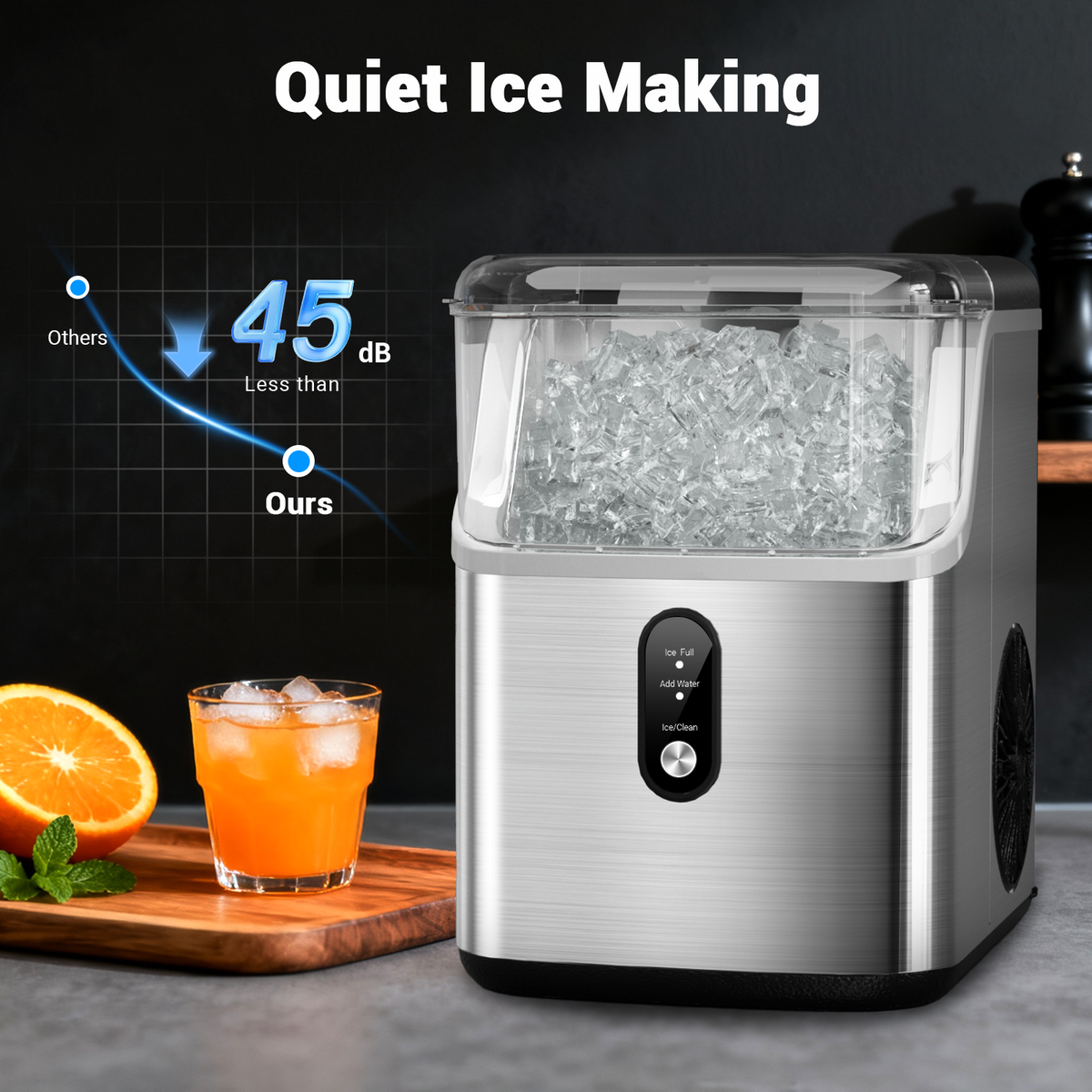 Ecojoy Countertop Chewable Nugget Ice Maker with 33lbs Daily Output, Quiet Operation & Portable Design for Home/Office Use