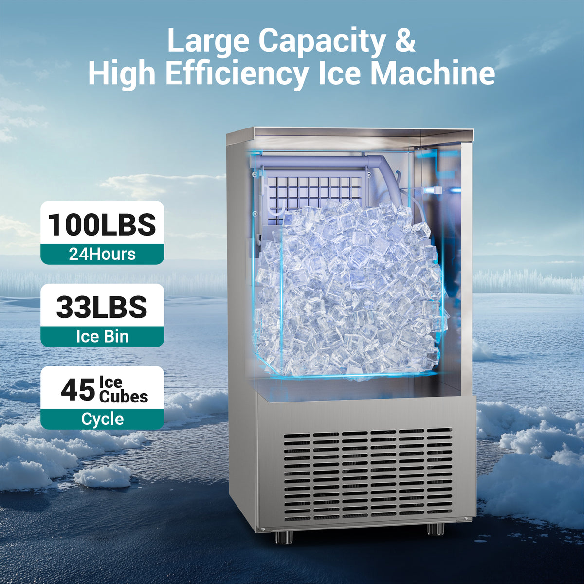 Ecojoy Commercial Ice Maker, counter ice machines 100lbs Maximum Output, Cubed Ice, Silver with 33 lbs Storage Bin