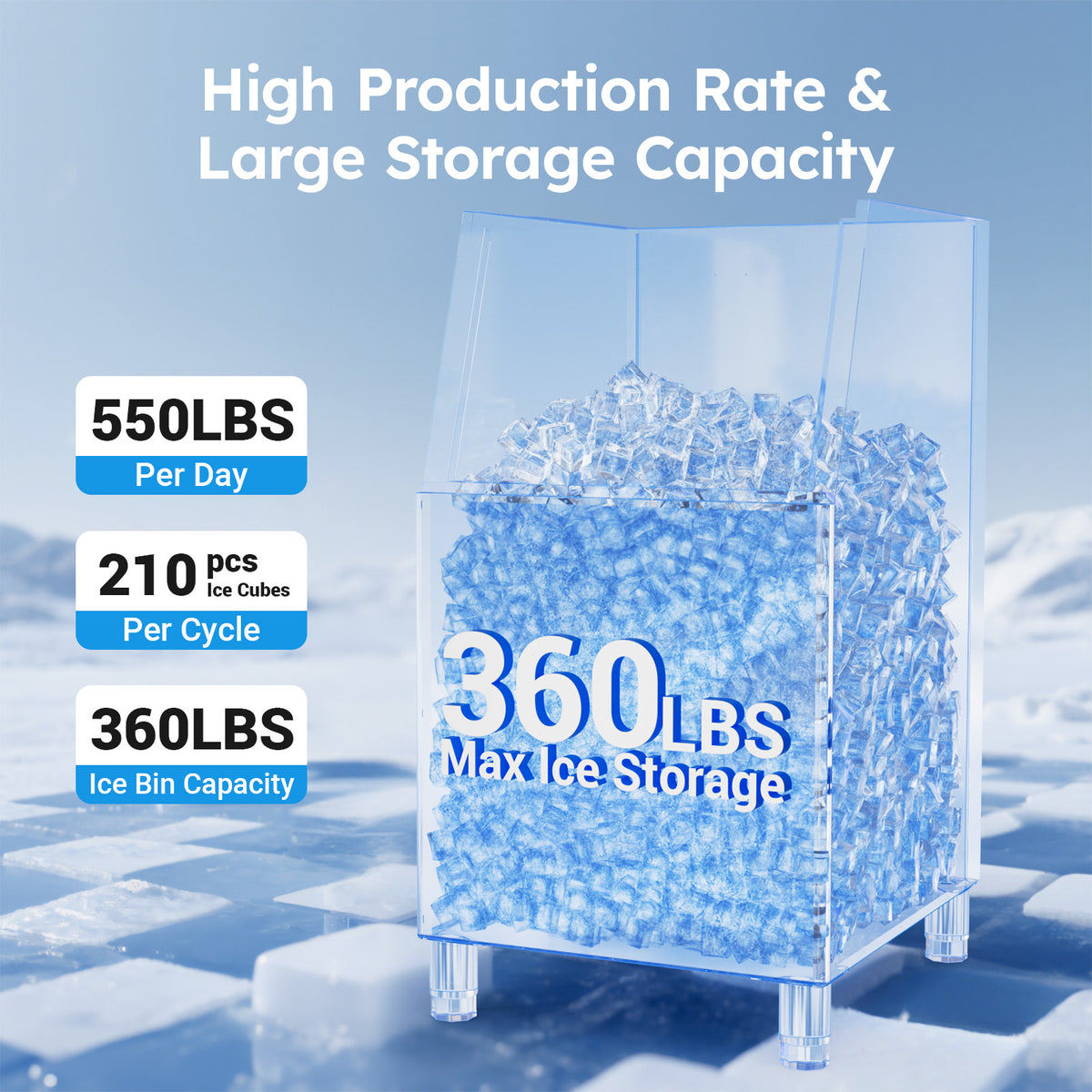 Ecojoy Commercial Ice Maker 550 Lbs/24H, 360 Lbs Large Storage Air-Cooled Commercial Ice Machine