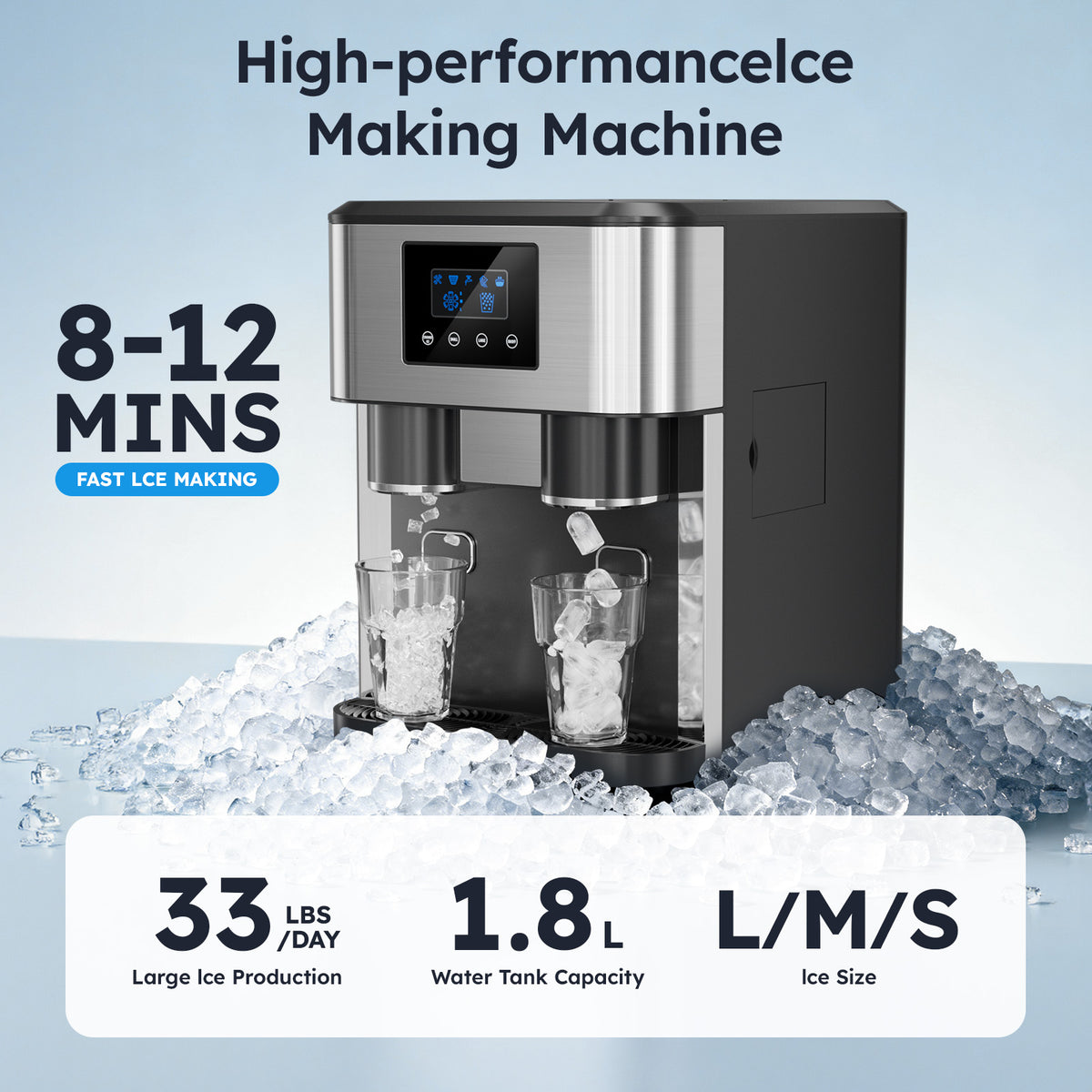Ecojoy 3 in 1 Water Dispenser with Ice Maker Countertop, Bullet Ice, Crushed Ice, Water Cooler, 33Lbs/24H, 12 Ice Cube/6Min, Self-cleaning, 4Lbs Ice Storage, Home, Kitchen, Party, RV
