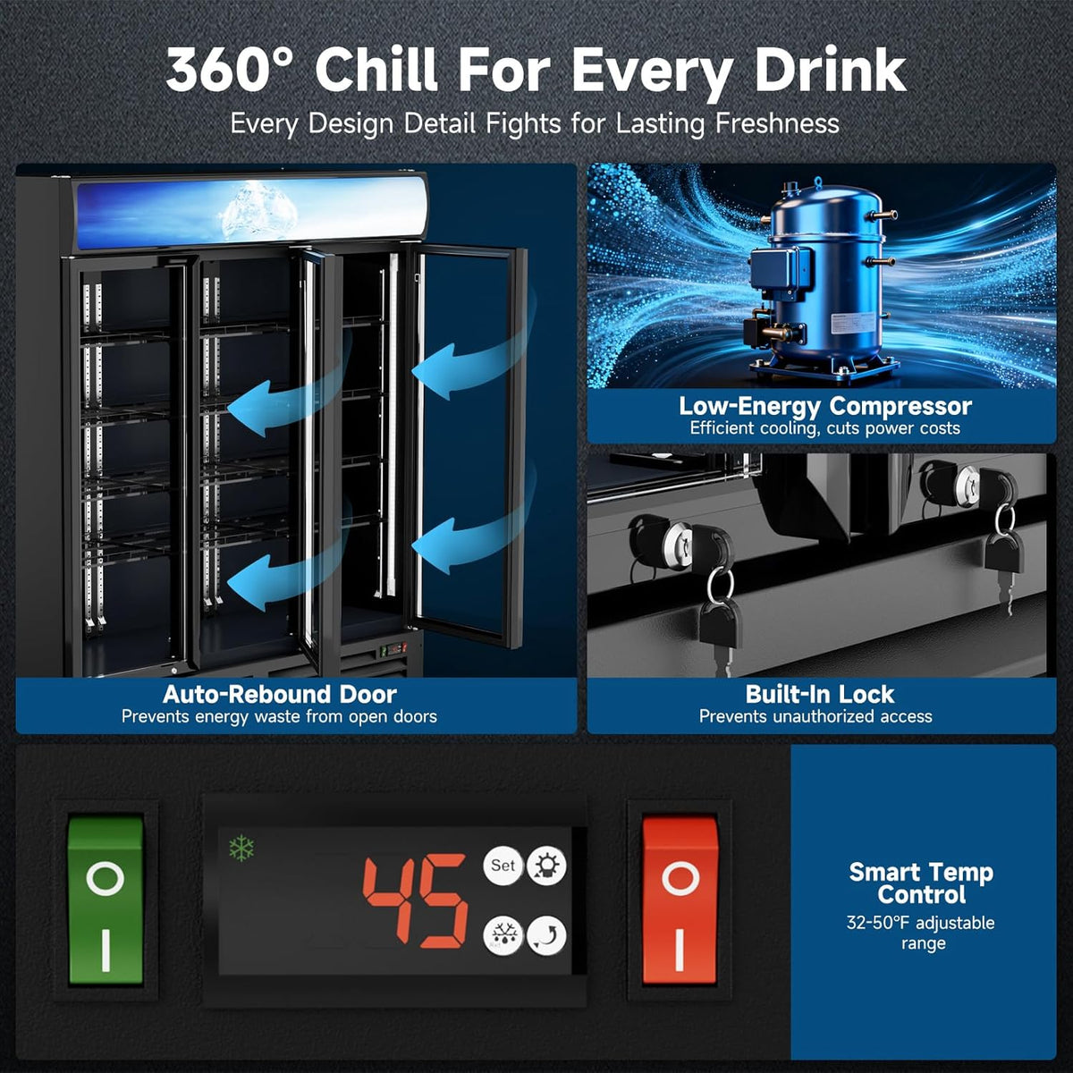 Ecojoy 56 Cu.Ft Merchandiser Cooler, 3 Doors Commercial Display Fridge Beverage Refrigerator with Adjustable Shelves, LED Lighting，32-50°F, Lockable Doors & Braked Casters for Store, Shop, Office