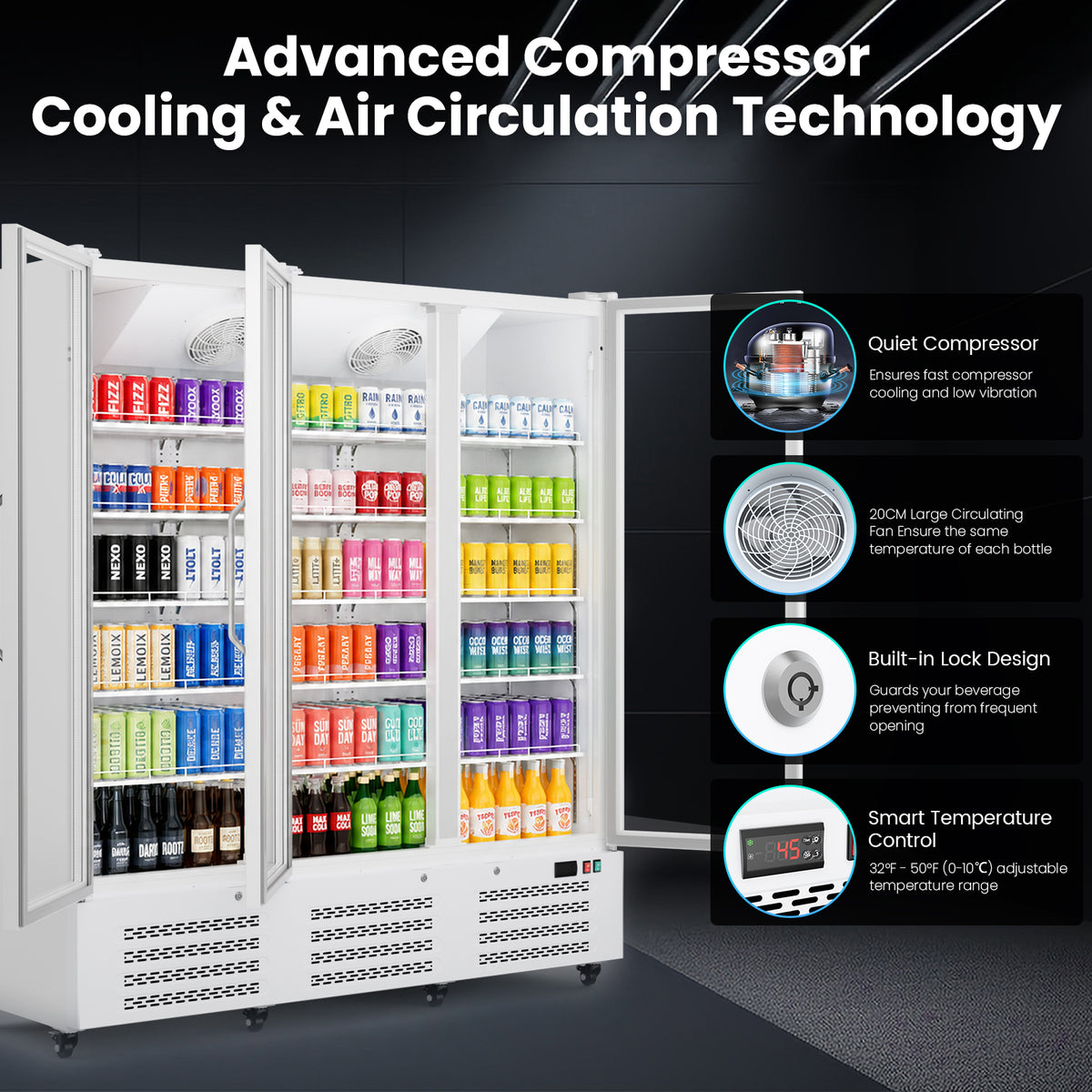 Ecojoy 56 Cu. Ft. Commercial Beverage Refrigerator, Triple Glass Door Display Cooler with 15 adjustable shelves, Door Lock, For Shop Restaurant bar, Upright Merchandiser, Digital Temperature Control