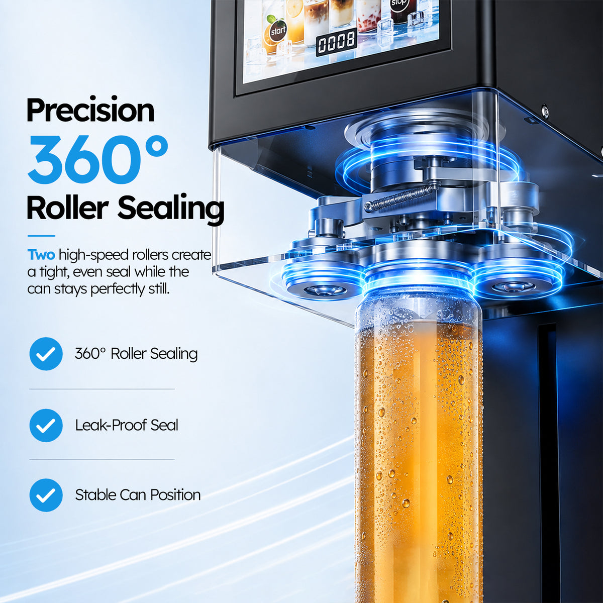 Ecojoy Commercial Soda Can Sealer, Automatic Height Detection, 55 mm 202 Can Sealing Machine, No Cup Pads Required, Adjustable for 45–100 mm (1.77–3.94") Containers, Touchscreen One-Touch Control