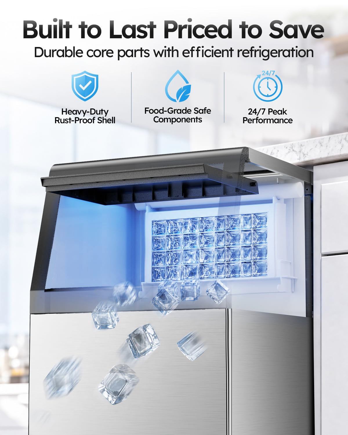 Ecojoy Commercial Ice Maker Machine, 100 lbs/24h with 33 lbs Storage, Built-in/Freestanding/Under Counter, 36 Cubes per Cycle, Stainless Steel Ice Maker with LED Display & Self-Cleaning for Home