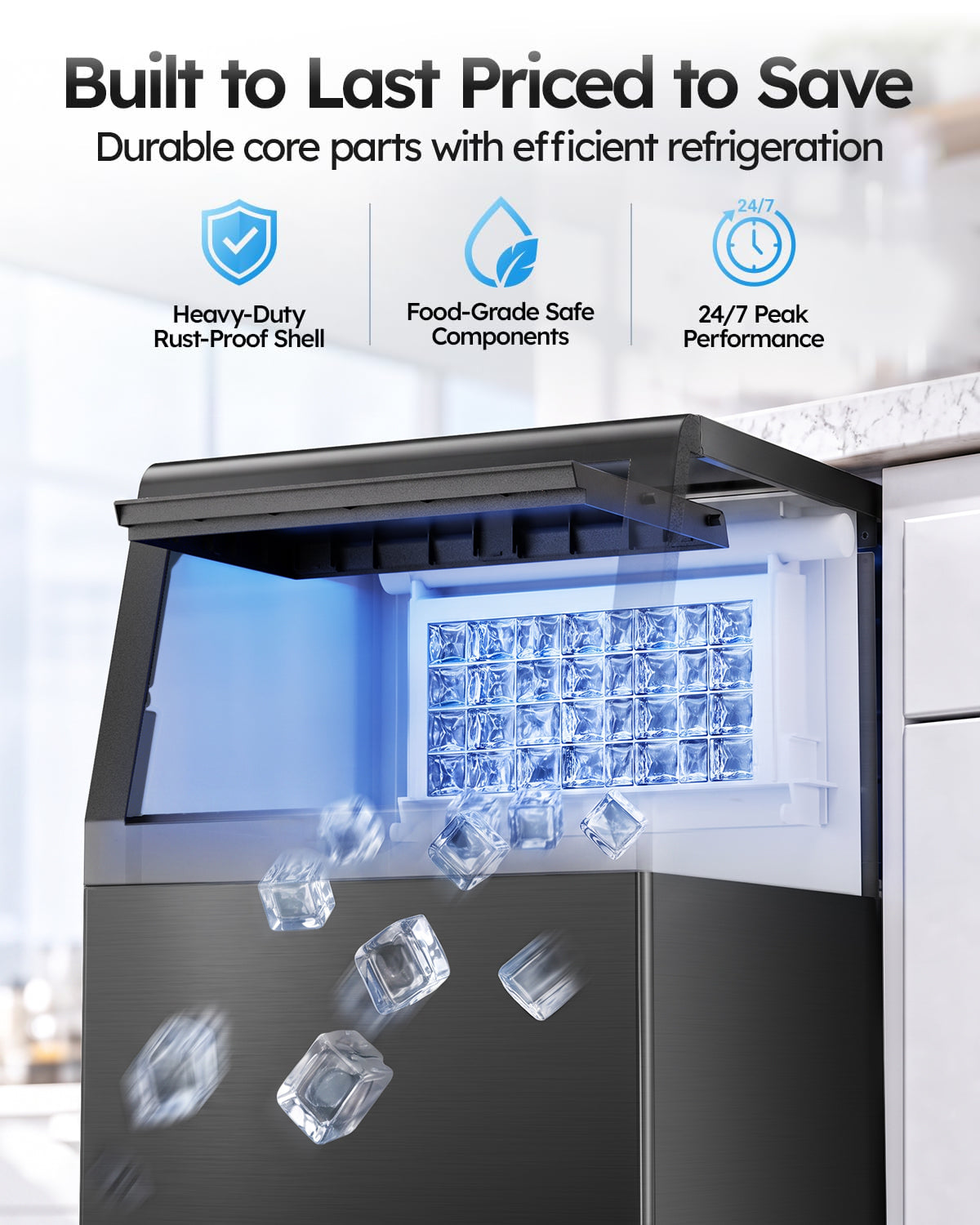 Ecojoy Commercial Ice Maker Machine, 100lbs/24H Stainless Steel Under Counter ice Machine with 33lbs Ice Storage Capacity, Freestanding Ice Maker