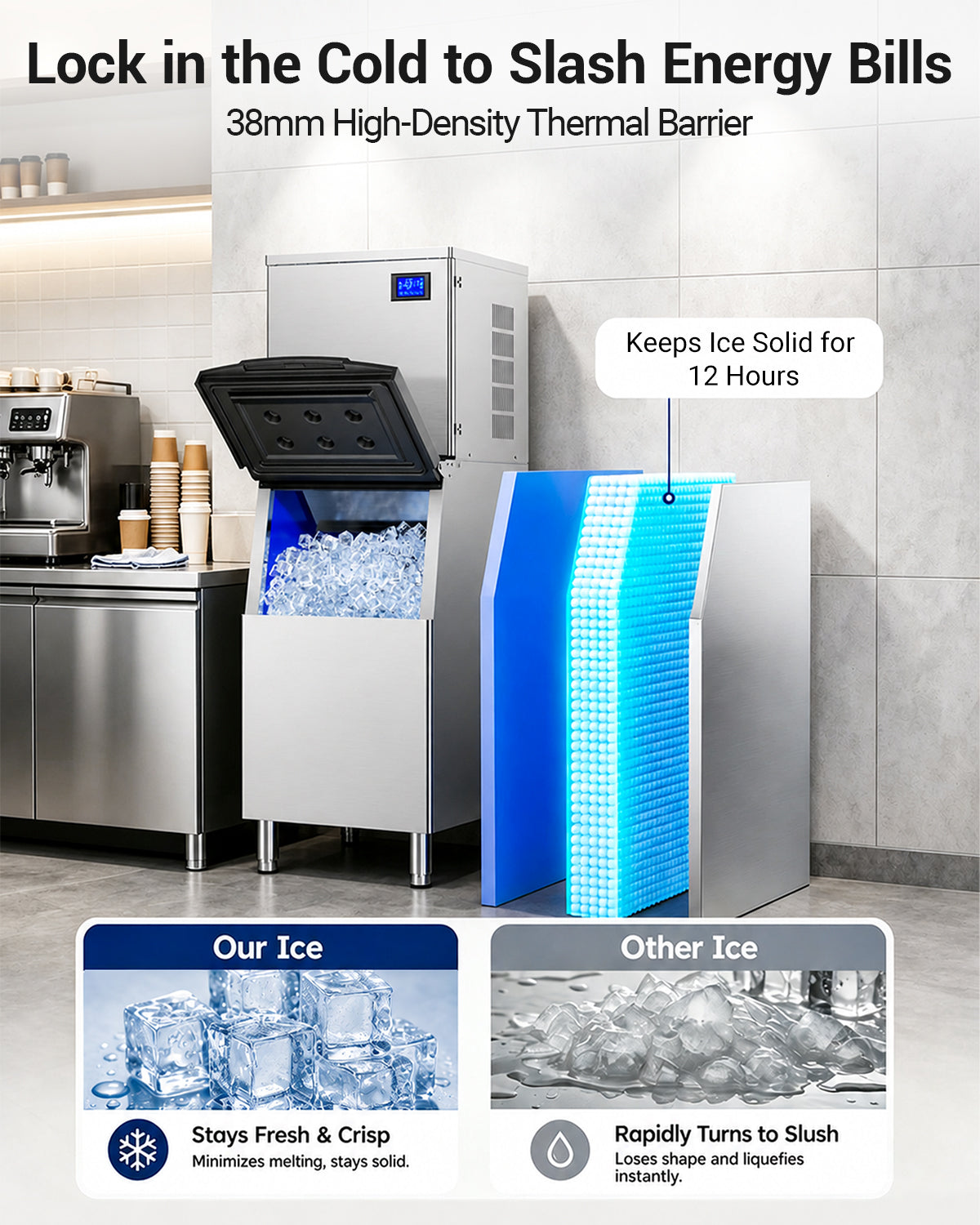 Ecojoy 700 Lbs/24H Commercial Ice Maker Machine with 500 Lbs Storage Bin, Air-Cooled Ice Maker Producing 156 Cubes Every 8–15 Minutes, Adjustable Ice Thickness, ETL Approved, Self-Cleaning for Bar, C