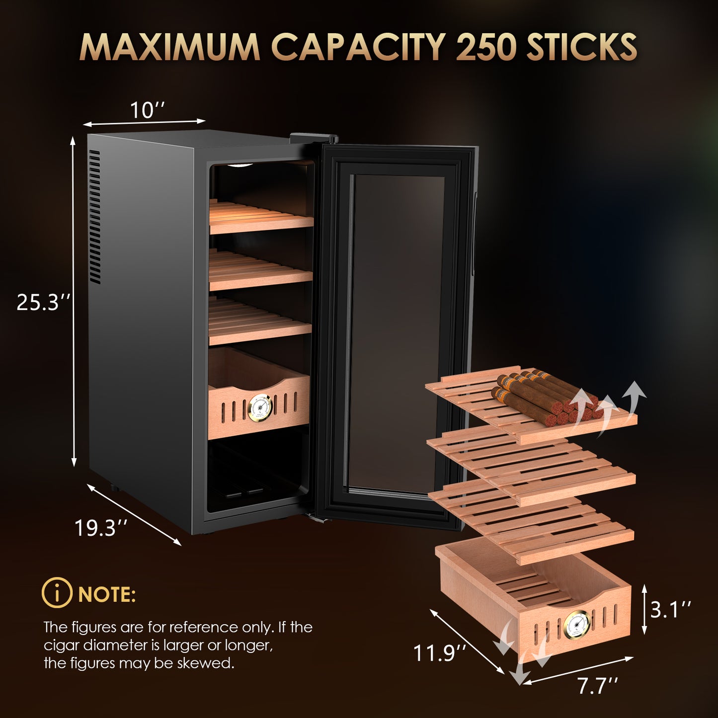 Electric Cigar Humidor, 35L Cigar Humidors Cabinet for 250 Counts with Hygrometer, Heating & Cooling Control, Modern Spanish Cedar Lined Cigar Box