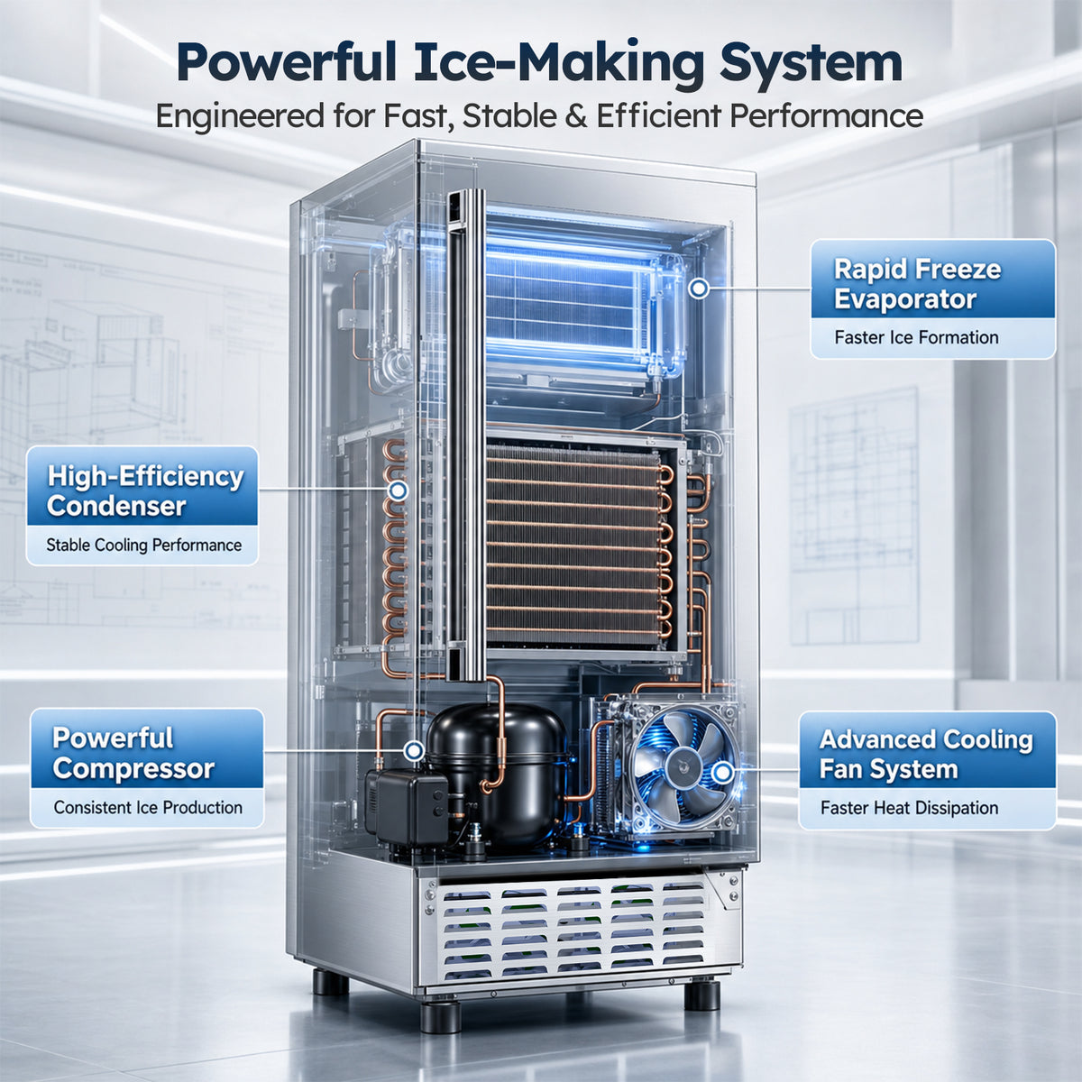 Ecojoy Nugget Ice Maker 66 Lbs/24H Under Counter Ice Machine 2-Drawer Ice Baskets, Built-in or Freestanding, Auto-Cleaning Function, Full Stainless Steel Finish, for Home Bar Cafe Kitchens