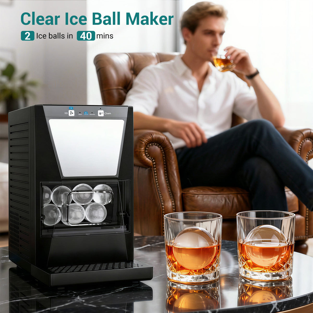 Ecojoy Ice Ball Maker, 2-Inch Clear Sphere Ice Maker, 100 PCS/Day Automatic Cleaning, Slow Melting Ice, Double Insulation, Countertop Design, Whiskey & Cocktails