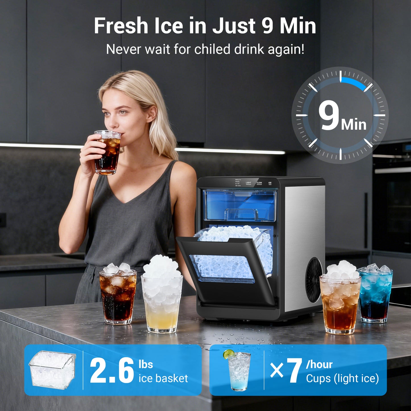 Snowyermine Nugget Ice Maker Countertop, 44lbs per Day Chewable Pebble Nugget Ice Machine with Touch Screen for Home, Kitchen, Office, Stainless Steel, Black
