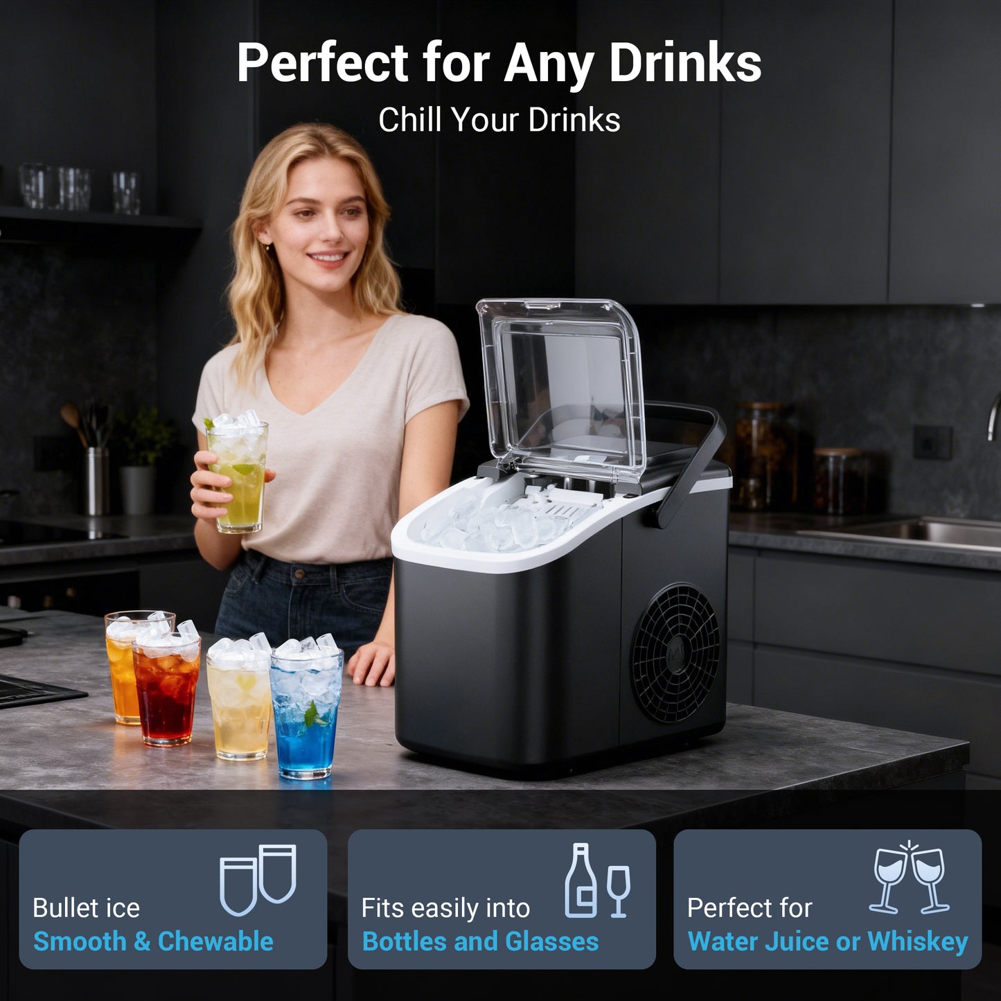 Ecojoy Countertop Ice Maker with Handle,Portable Ice Machine with Basket and Scoop, 8 Bullet Ice In 6 Mins, 26Lbs/24H, Self-Cleaning