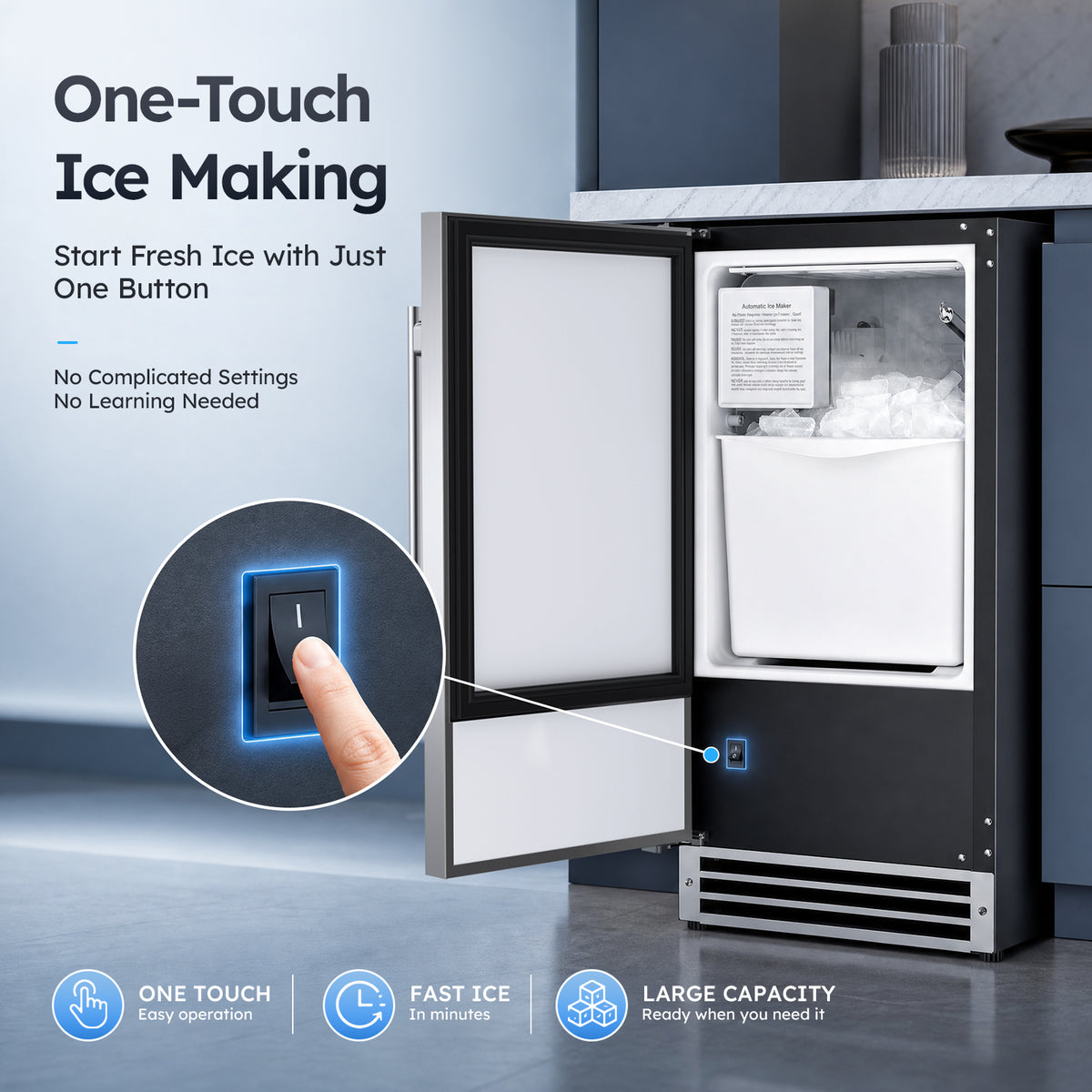 Ecojoy Under Counter Ice Maker, Crescent Ice Maker Machine Commercial, 25Lbs/24H with 22lbs Storage Bin, No Drain Required, Built-in or Freestanding Ice Machine for Home Office Kitchen Bar