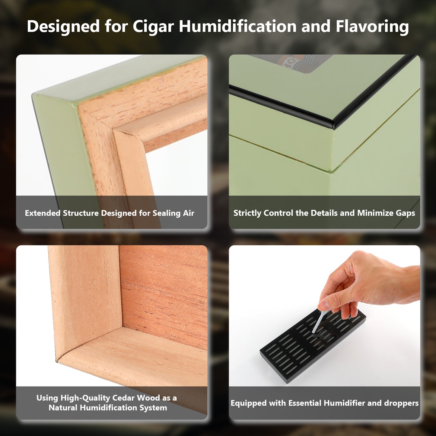 Cigar Humidor Case Box with Electric Hygrometer Humidifier Divider and Spanish Cedar Wood Shelf for 25-50 Counts, Luxuary Glass Cigar Case for Men, Green