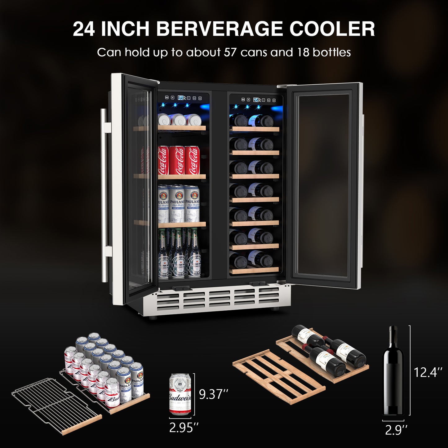 Dual Zone Wine Cooler Beverage Refrigerator, 24 inch Wine Coolers Fridge with Safety Locks and Glass Door for 20 Bottles and 57 Cans