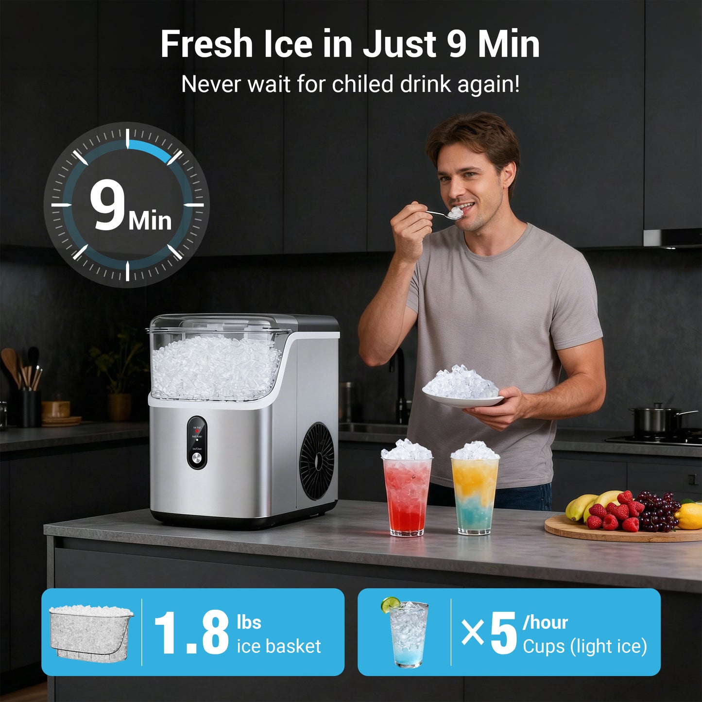 Ecojoy 35lbs/24H Nugget Ice Maker Countertop,Portable Ice Maker Machine with Auto-Cleaning, Black