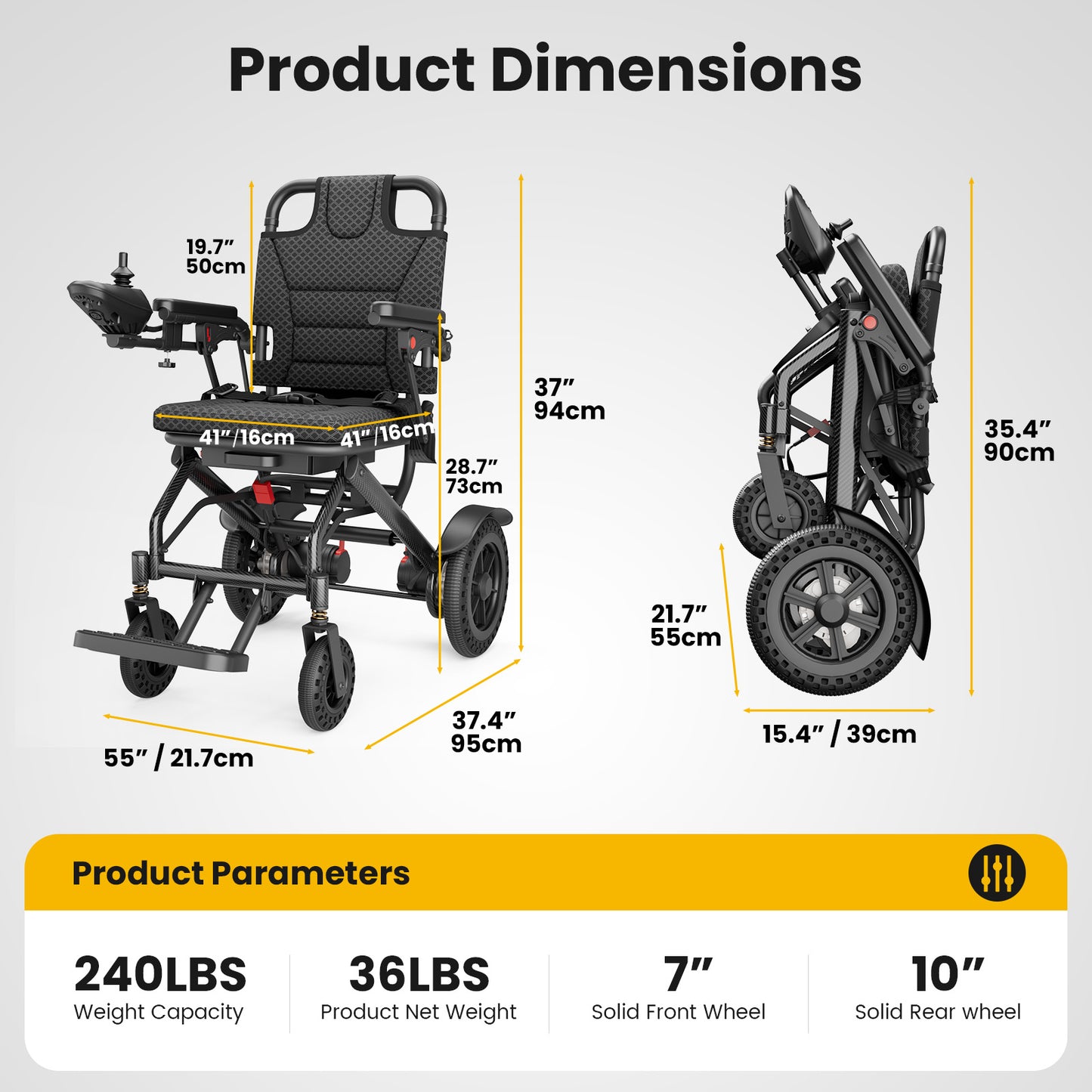 Ultralight 36lbs Foldable Electric Wheelchair - 15mi Range, 400W Silent Motor, Aircraft Aluminum Frame (Senior & Travel Friendly)