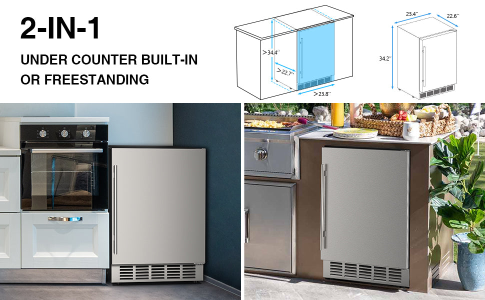 Outdoor Refrigerator 24'' Built-in Freestanding Compressor Beverage Fridge Refrigerator for Home/RV, Under counter Fridge Stainless Steel with Removable Shelves