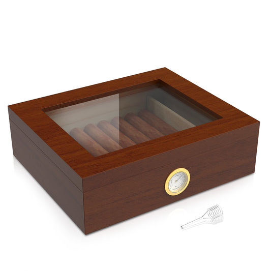 Cigar Humidor Case Box with Hygrometer Humidifier Divider and Spanish Cedar Wood Shelf for 20-30 Counts, Great Gifts for Men, Brown