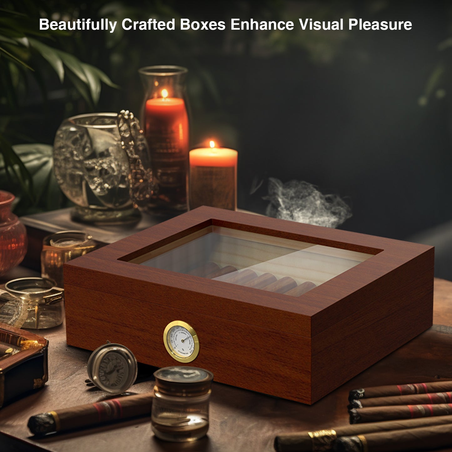 Cigar Humidor Case Box with Hygrometer Humidifier Divider and Spanish Cedar Wood Shelf for 20-30 Counts, Great Gifts for Men, Brown