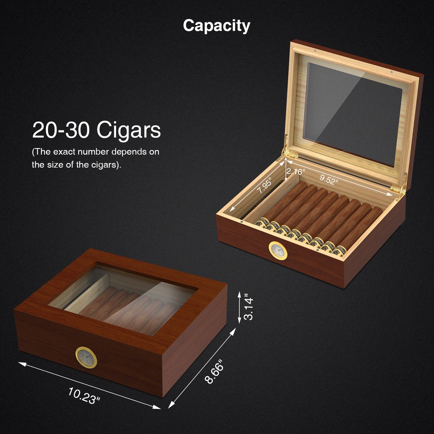 Cigar Humidor Case Box with Hygrometer Humidifier Divider and Spanish Cedar Wood Shelf for 20-30 Counts, Great Gifts for Men, Brown