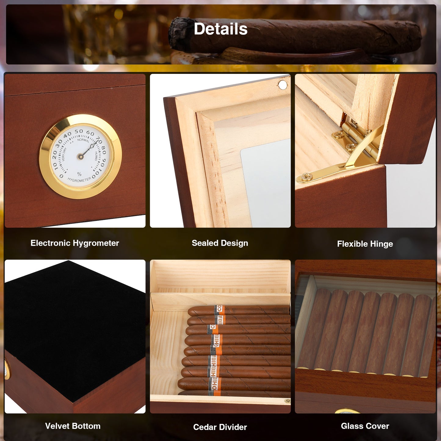 Cigar Humidor Case Box with Hygrometer Humidifier Divider and Spanish Cedar Wood Shelf for 20-30 Counts, Great Gifts for Men, Brown