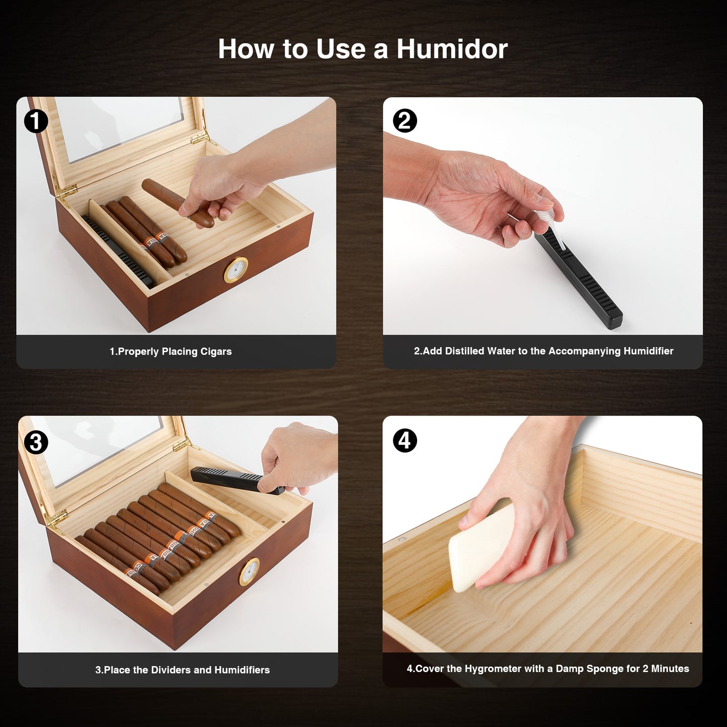 Cigar Humidor Case Box with Hygrometer Humidifier Divider and Spanish Cedar Wood Shelf for 20-30 Counts, Great Gifts for Men, Brown