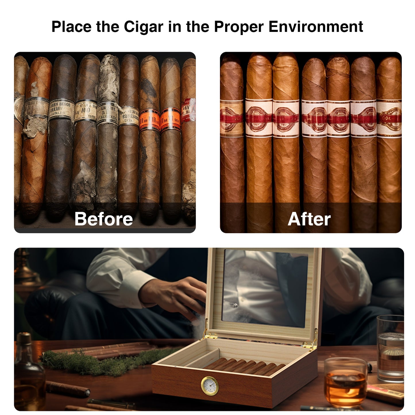 Cigar Humidor Case Box with Hygrometer Humidifier Divider and Spanish Cedar Wood Shelf for 20-30 Counts, Great Gifts for Men, Brown