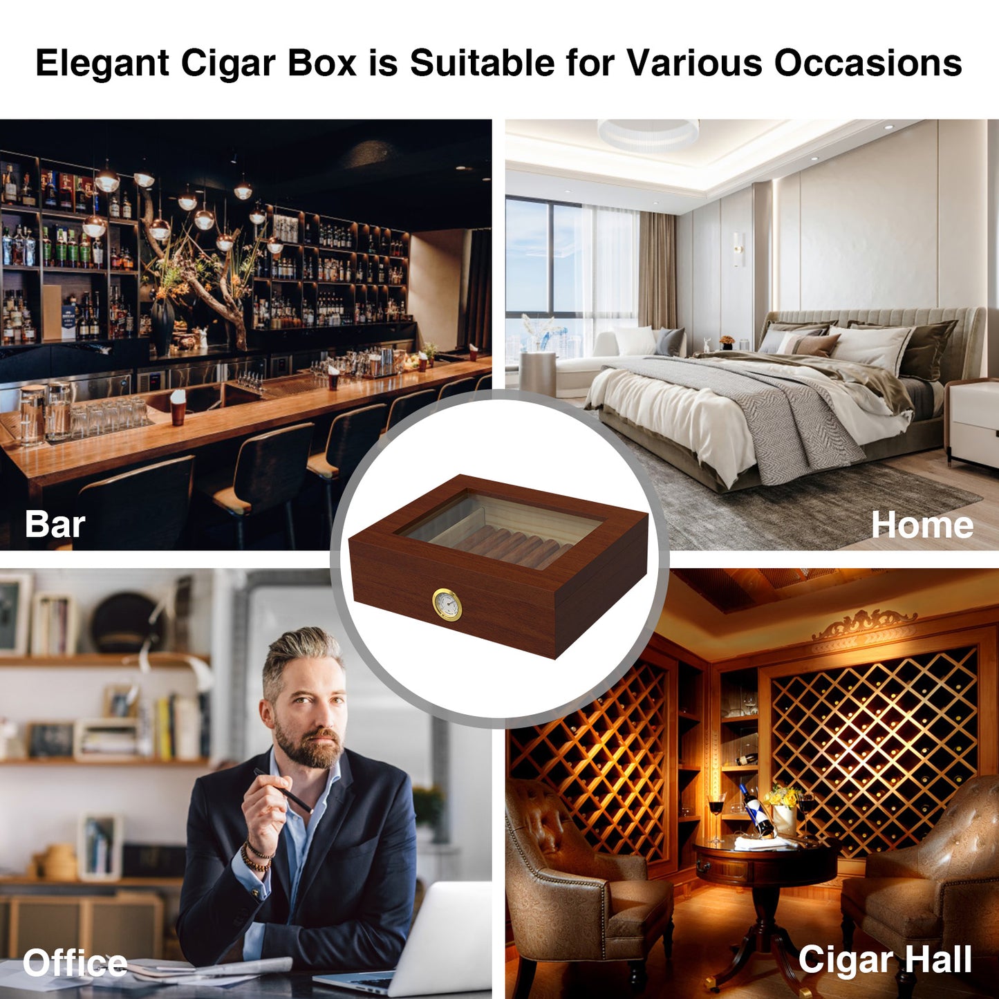 Cigar Humidor Case Box with Hygrometer Humidifier Divider and Spanish Cedar Wood Shelf for 20-30 Counts, Great Gifts for Men, Brown